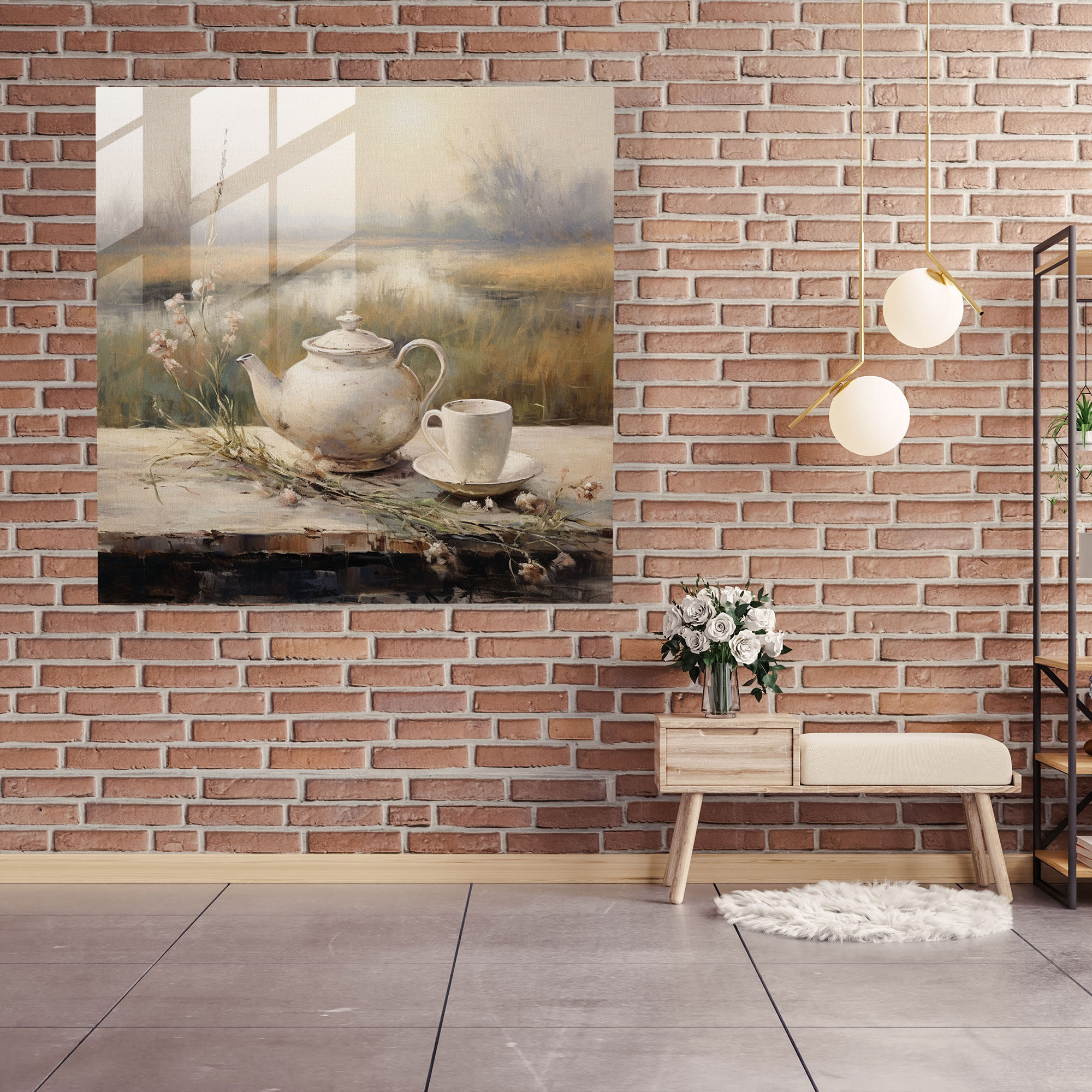 Still Life Glass Print - Serene Tea Time - Still Life, Modern Art, Home Decoration, Teacup