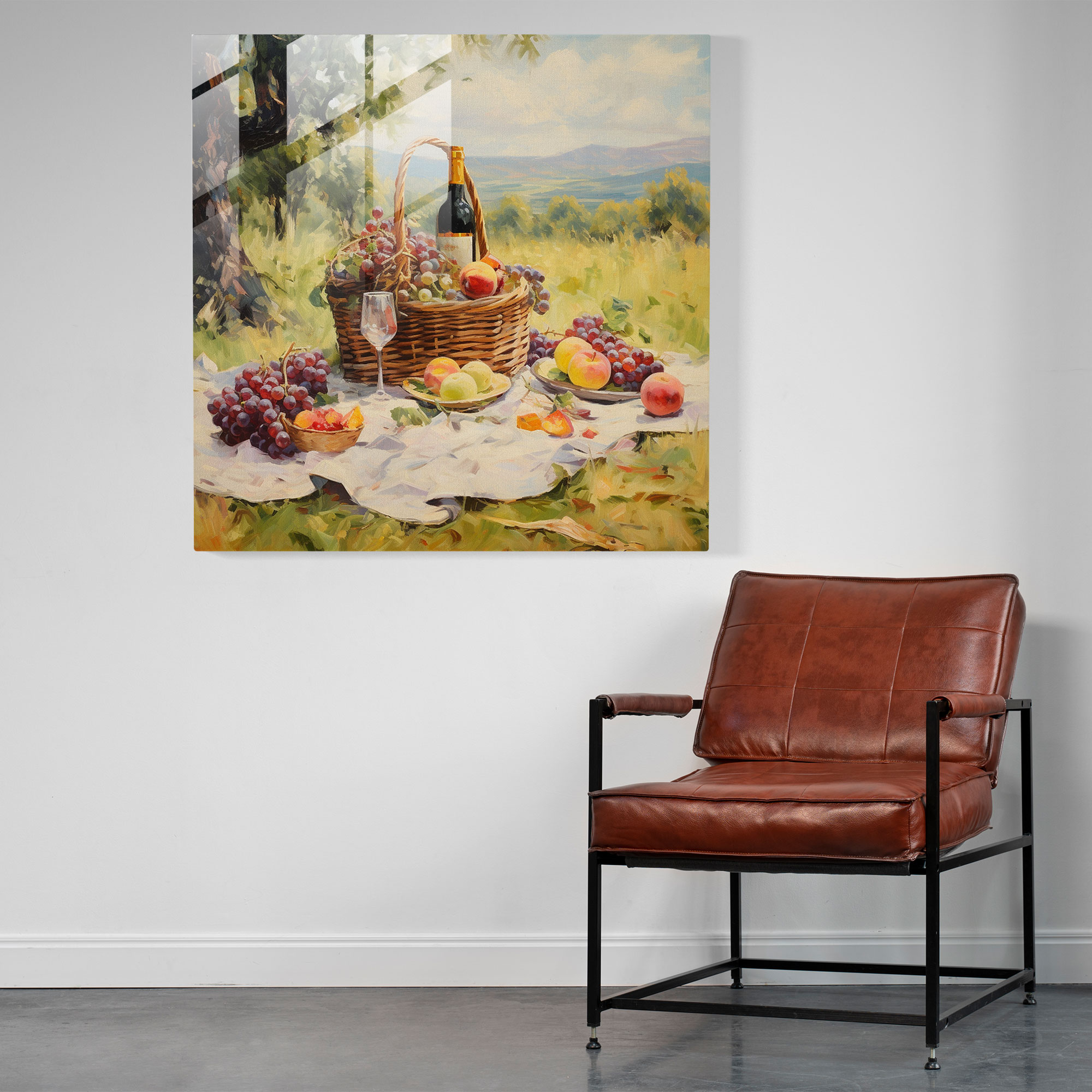 Still Life Glass Print: Picnic Scene - Still Life, Glass Art, Tranquility, Modern Art