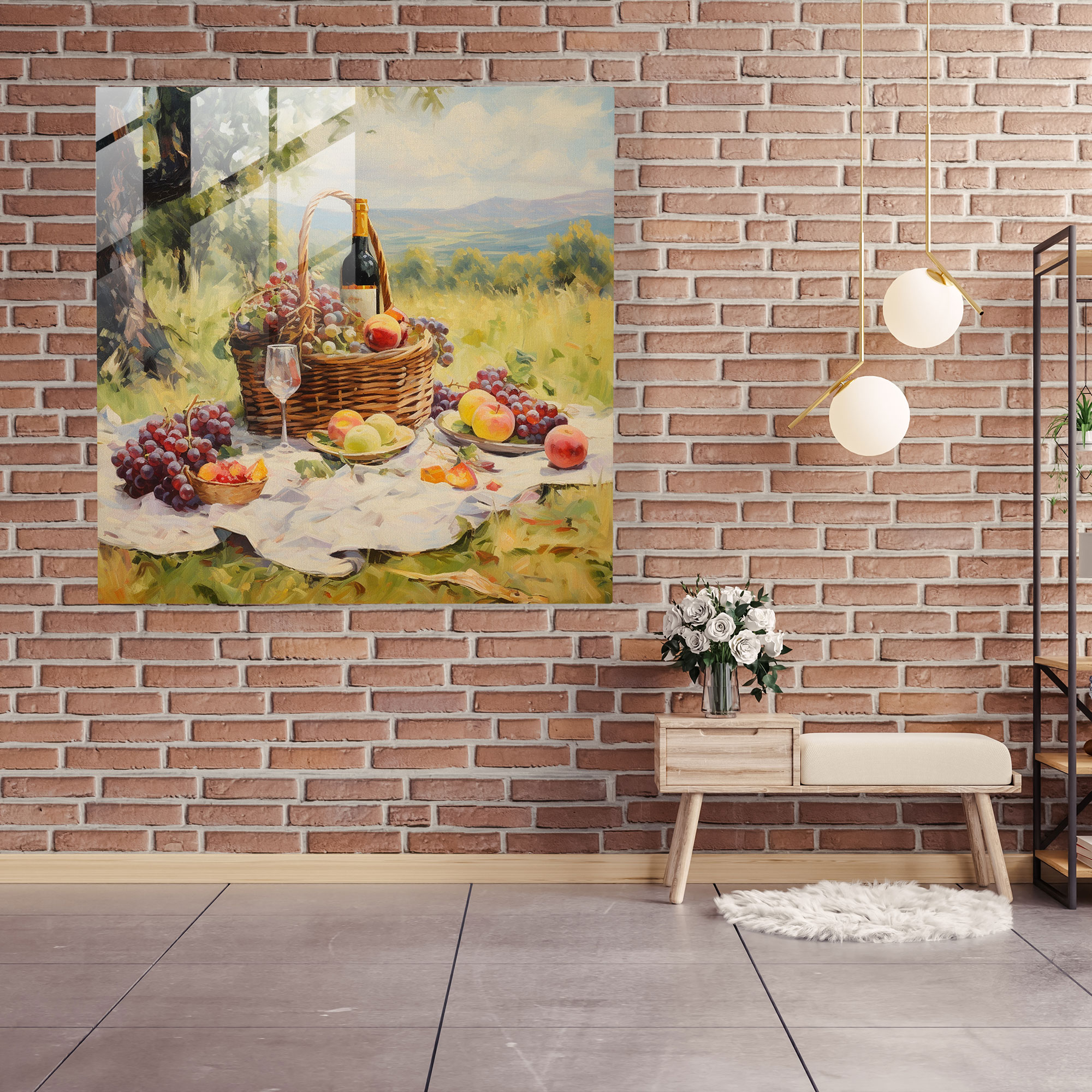 Still Life Glass Print: Picnic Scene - Still Life, Glass Art, Tranquility, Modern Art