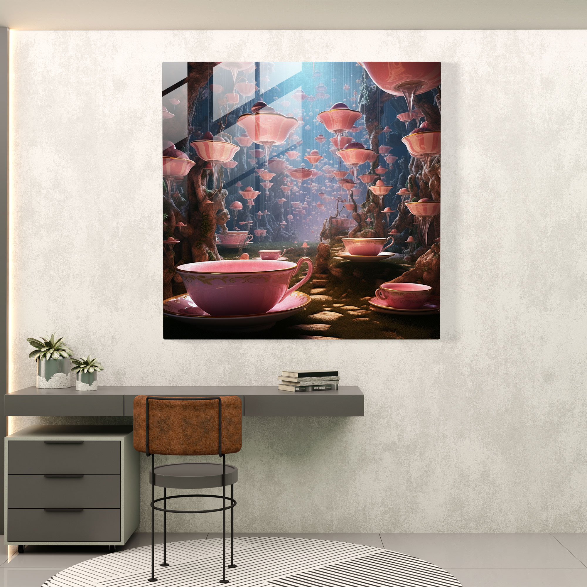 Still Life Glass Print: Floating Teacups - Still Life, Home Decoration, Modern Art, Surreal Digital Art