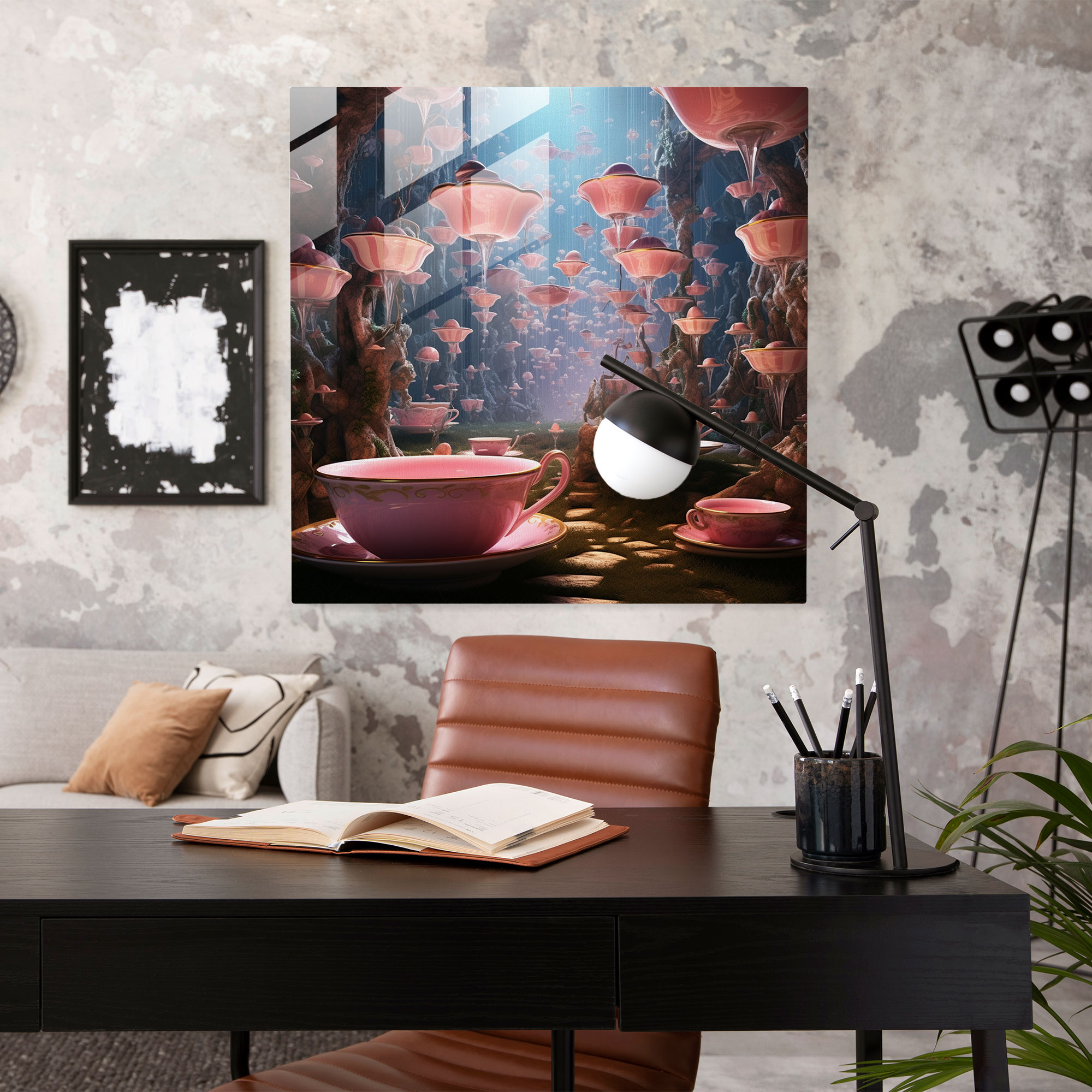 Still Life Glass Print: Floating Teacups - Still Life, Home Decoration, Modern Art, Surreal Digital Art