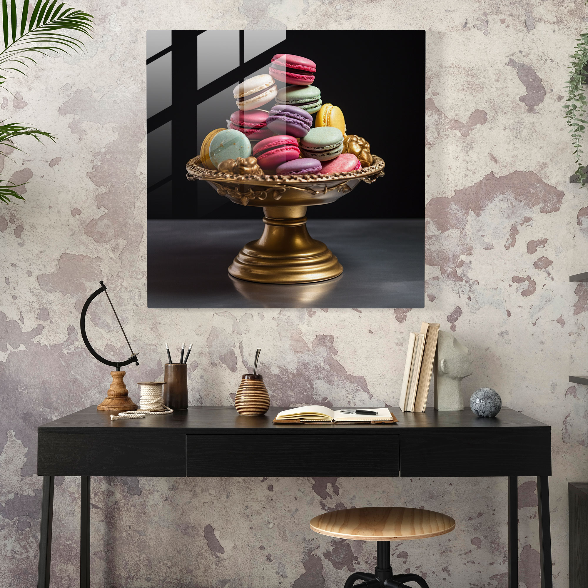 Still Life Glass Print: Colorful Macarons - Still Life, Modern Art, Colorful Macarons, Hyperrealistic Sculpture