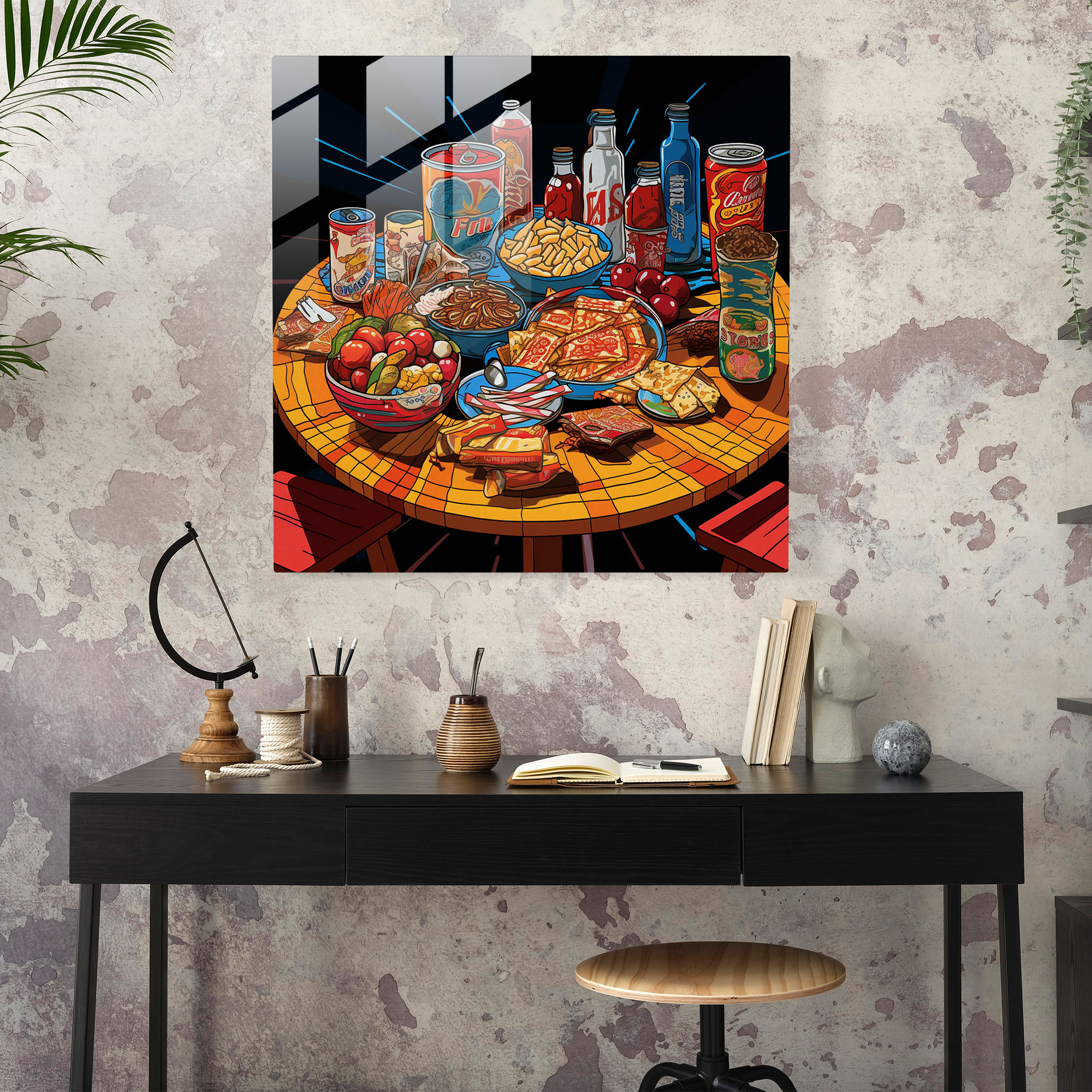 Still Life Glass Print: Pop Art Table - Still Life, Energetic, Home Decoration, Pop Art Illustration