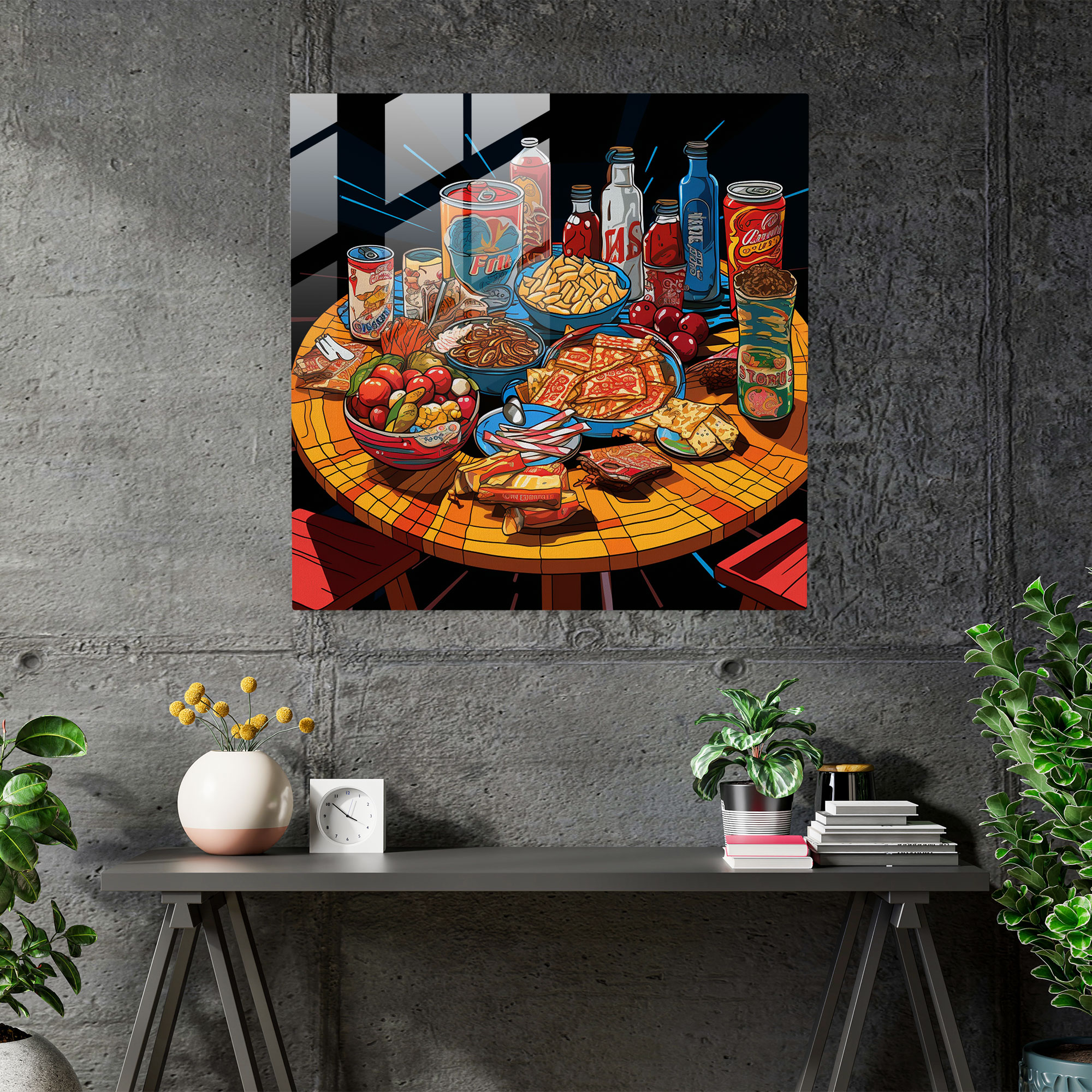 Still Life Glass Print: Pop Art Table - Still Life, Energetic, Home Decoration, Pop Art Illustration