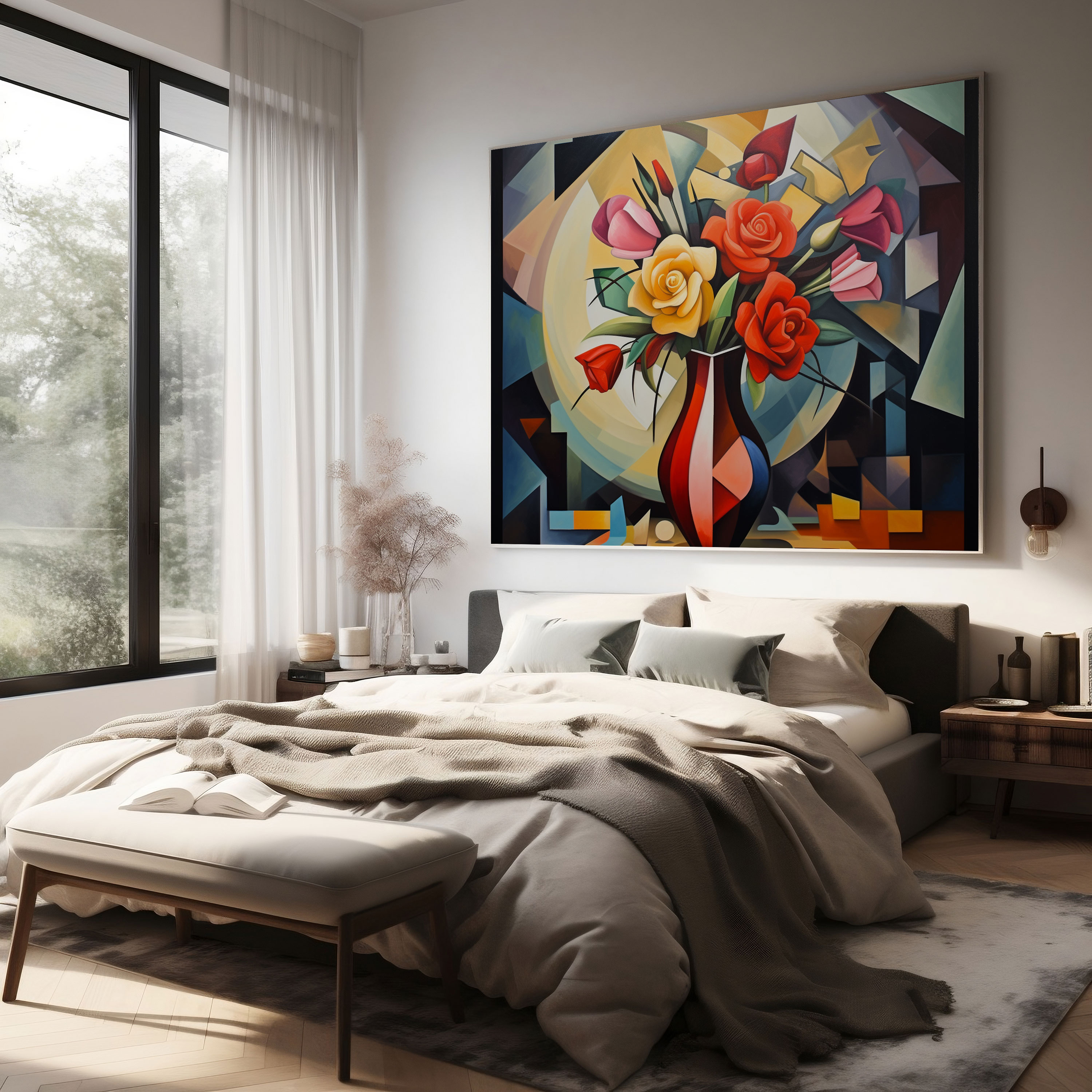 Cubist Sanat - Dağılmış Çiçekler Temalı Kanvas Tablo: Natürmort Duvar Dekorasyonu