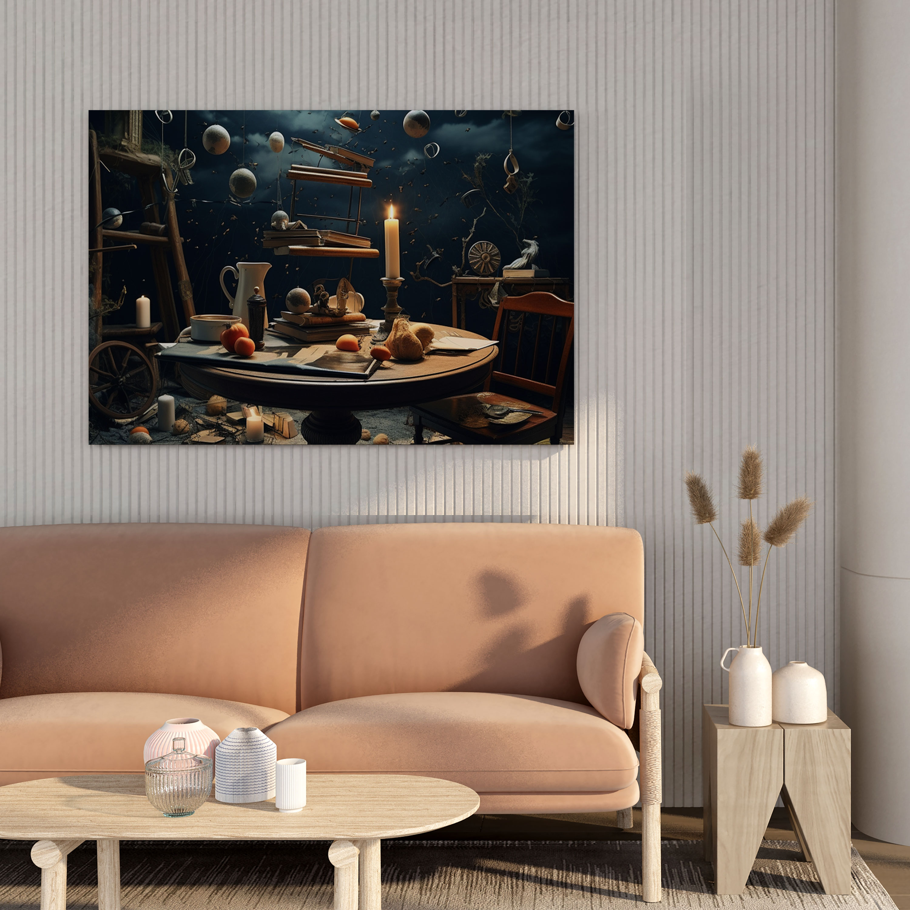 Surrealist Kompozisyonlu Duvar Sanatı - Kanvas Tablo - Hâlâ Hayat Yüzen Objeler Gizemli Duvar Dekorasyonu