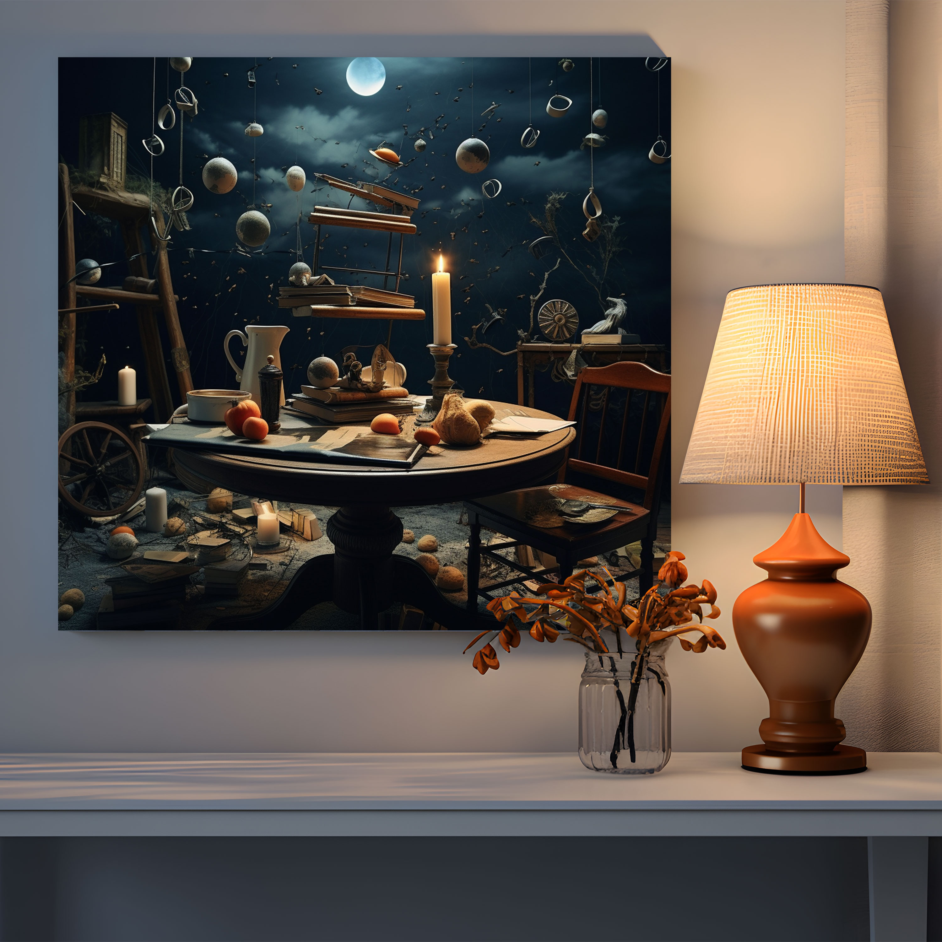 Surrealist Kompozisyonlu Duvar Sanatı - Kanvas Tablo - Hâlâ Hayat Yüzen Objeler Gizemli Duvar Dekorasyonu
