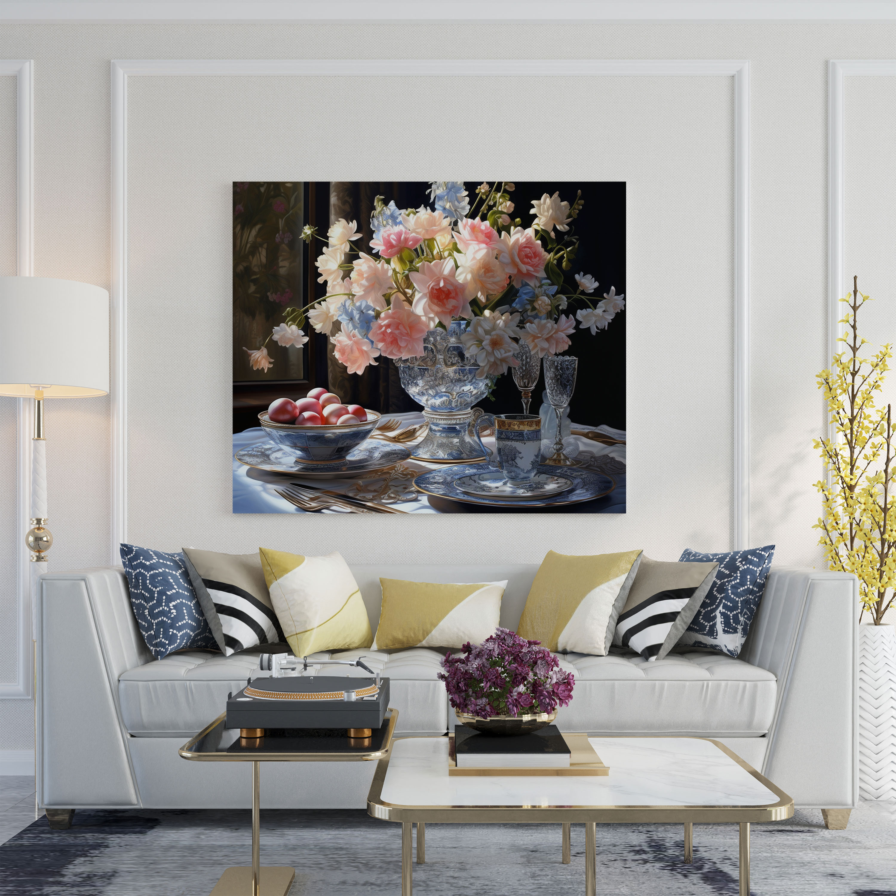 Still Life Wall Decoration - Photorealistic Painting Style - Canvas Print - Still Life, Elegant Flowers, Wall Art, Fine China