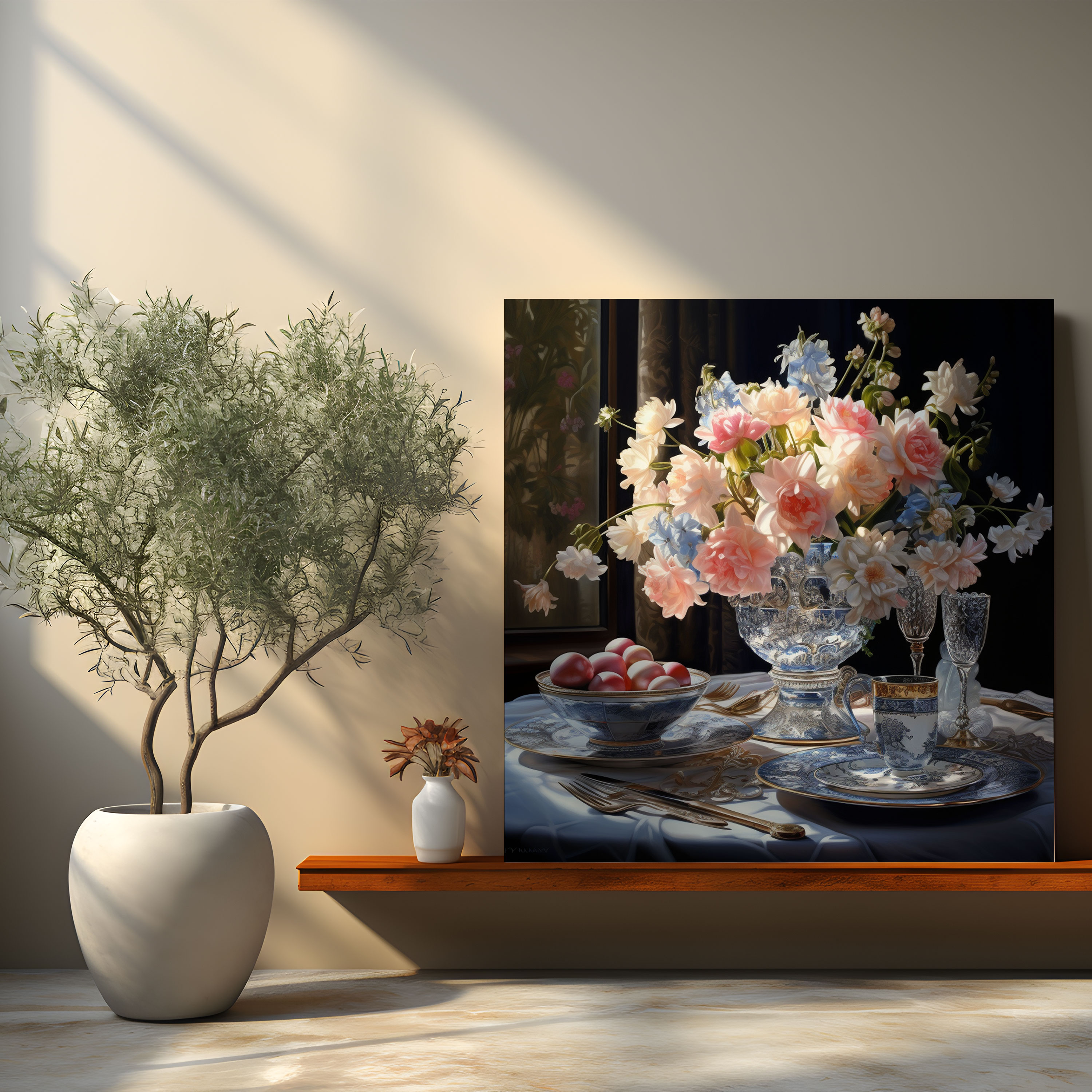 Still Life Wall Decoration - Photorealistic Painting Style - Canvas Print - Still Life, Elegant Flowers, Wall Art, Fine China