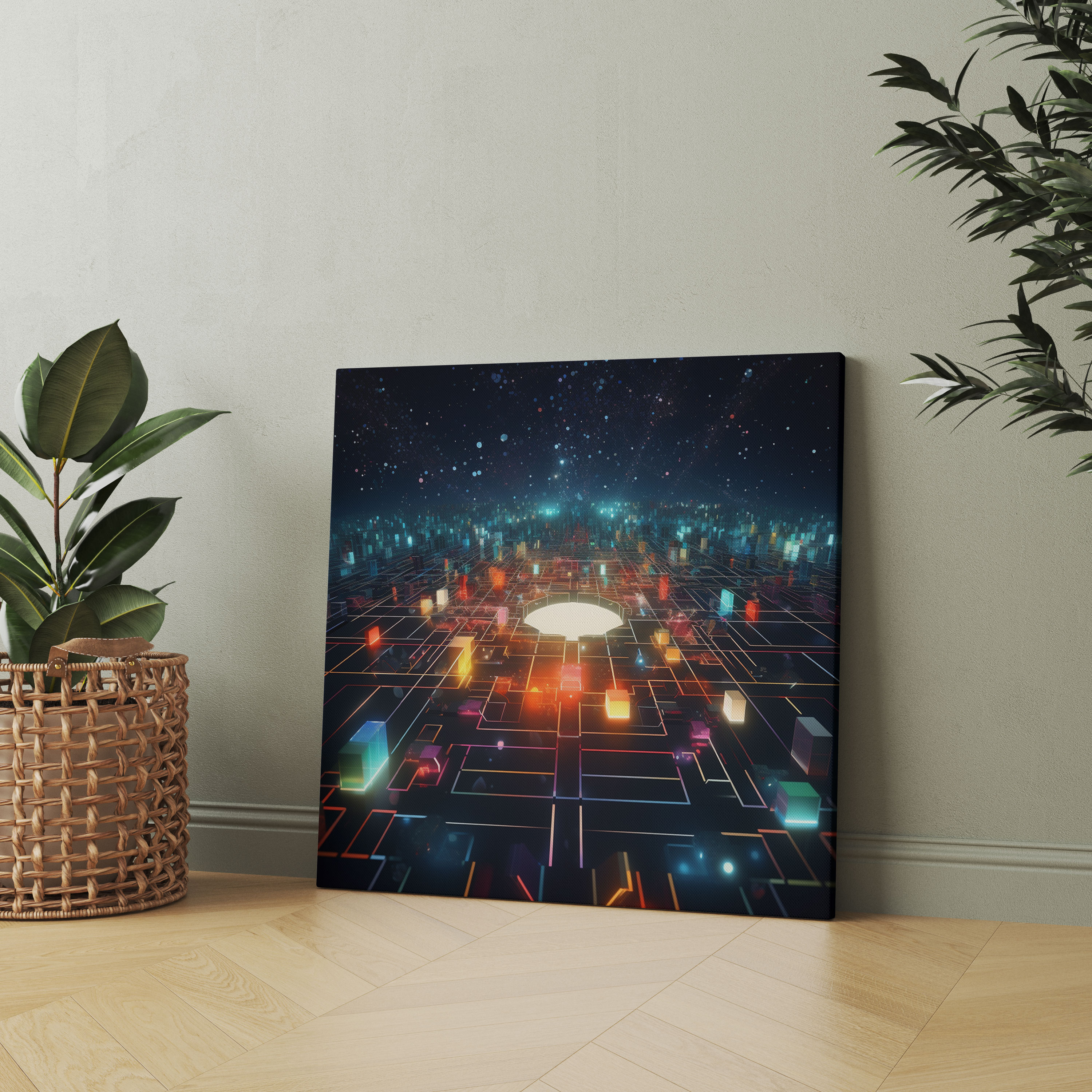 Neon Star Map Wall Art - Star Map, Modern, Abstract Digital Art, Canvas