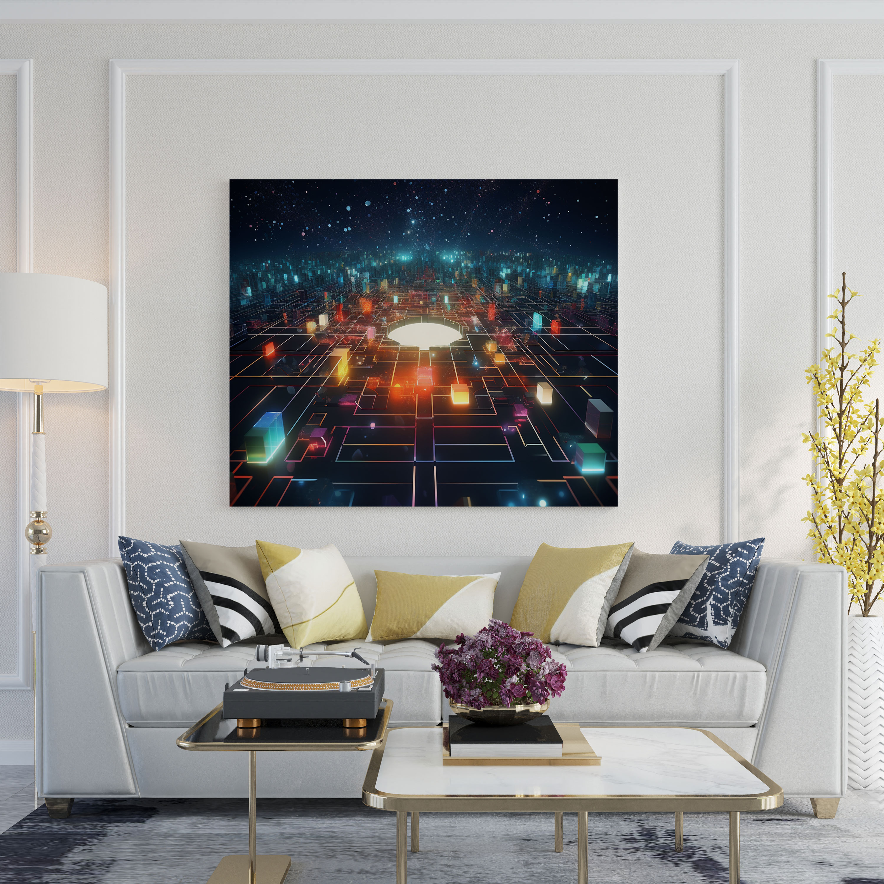 Neon Star Map Wall Art - Star Map, Modern, Abstract Digital Art, Canvas