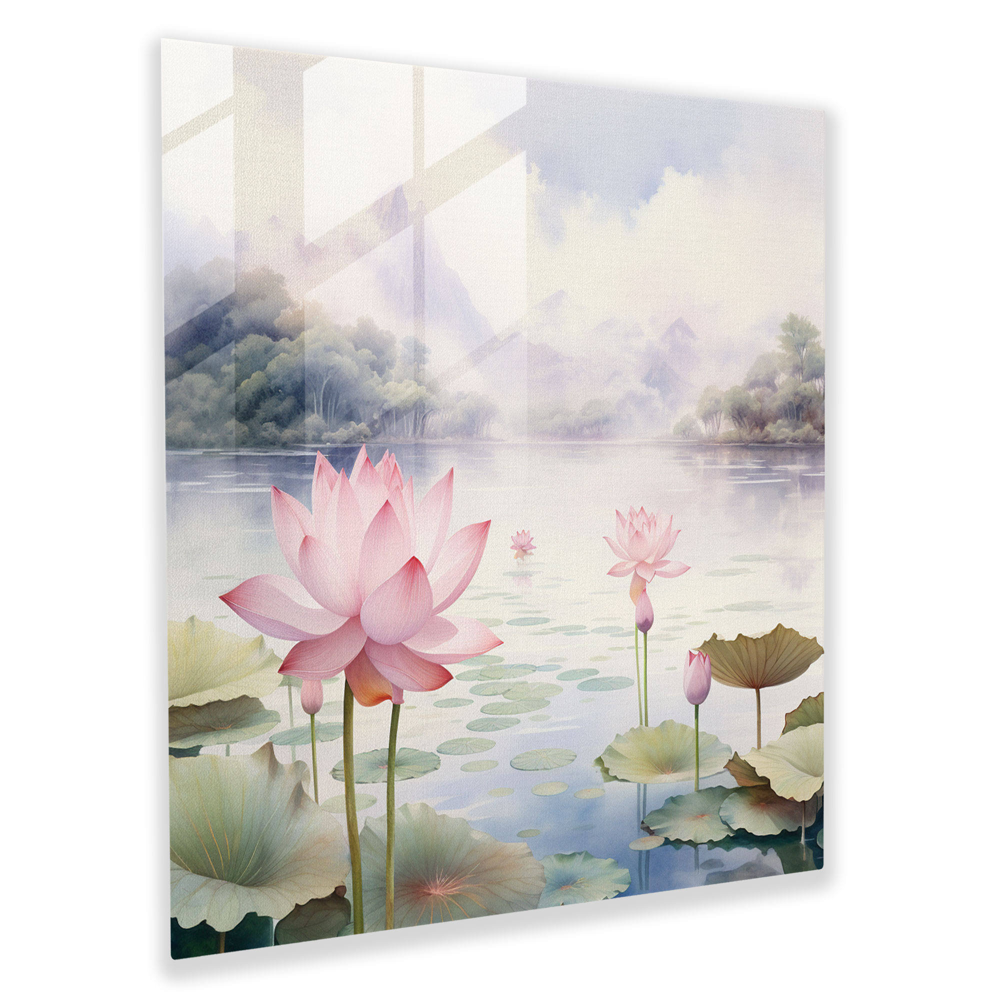 Huzurlu Lotus Cam Tablo - Ruhsal Ev Dekorasyonu Cam Duvar Sanatı Duvar Dekorasyonu