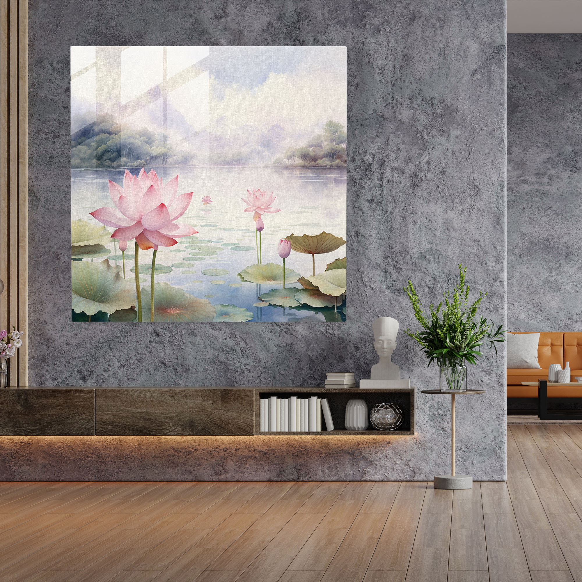 Huzurlu Lotus Cam Tablo - Ruhsal Ev Dekorasyonu Cam Duvar Sanatı Duvar Dekorasyonu