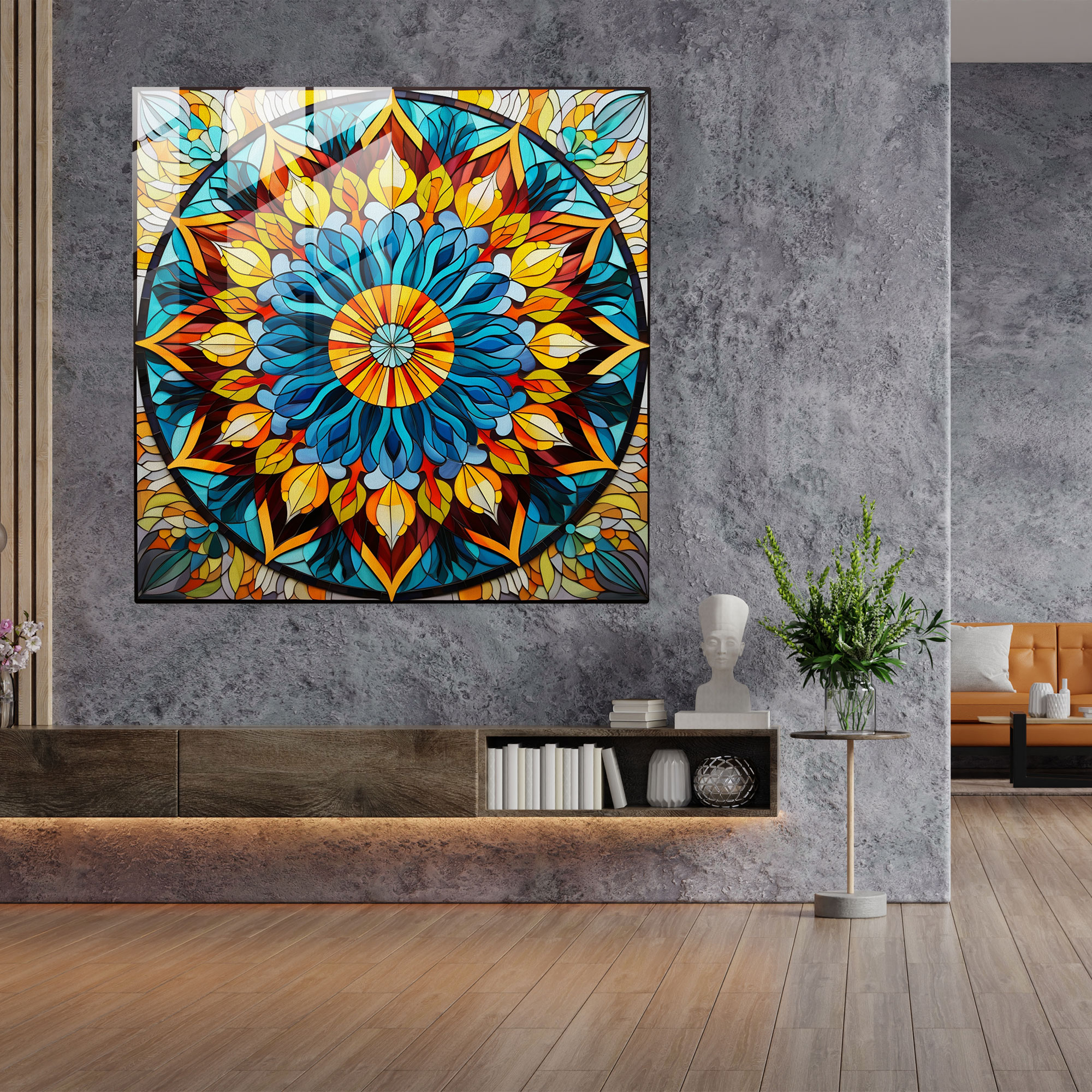 Renkli Mandala Cam Tablo - Ruhsal Duvar Dekorasyonu Renkli Mandala