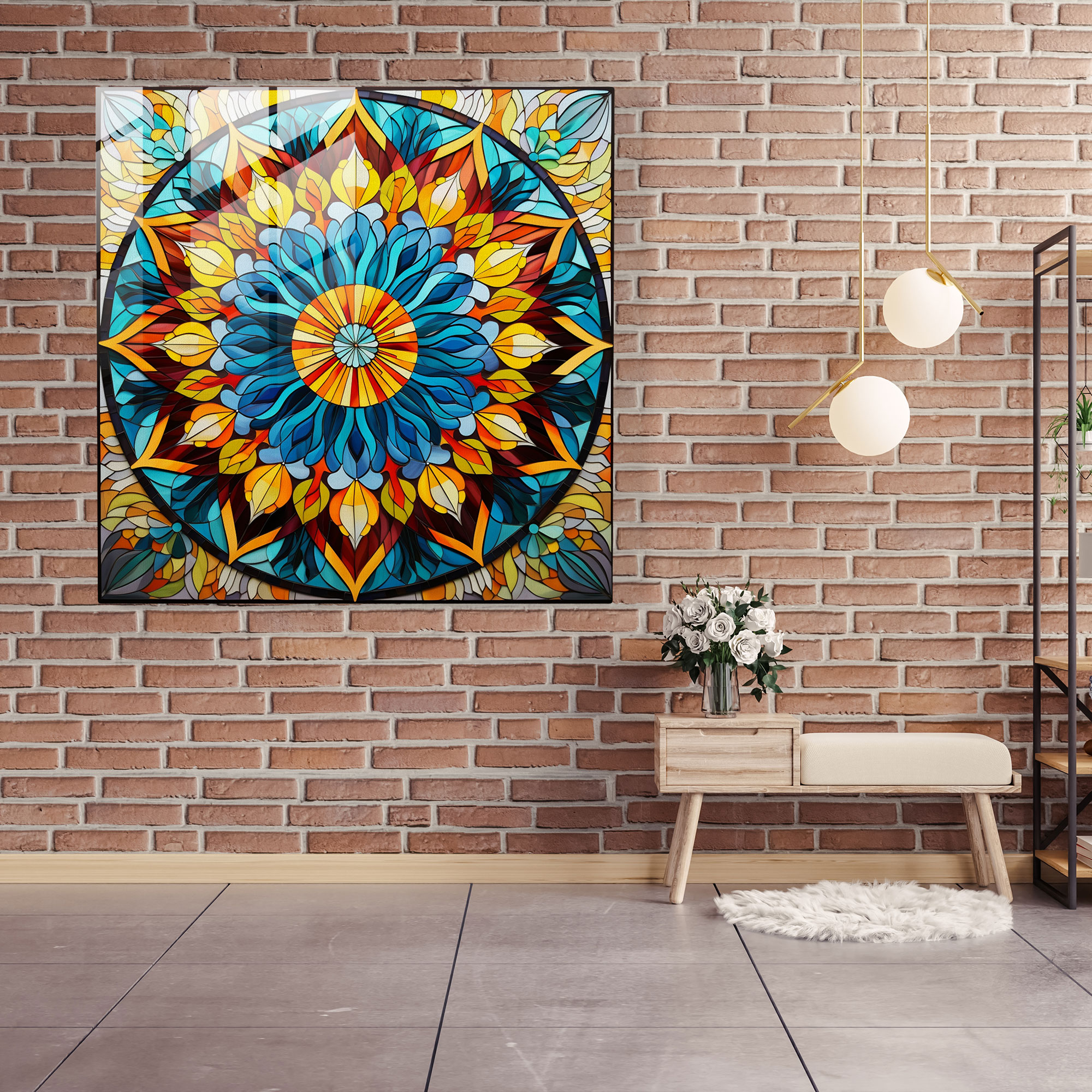 Renkli Mandala Cam Tablo - Ruhsal Duvar Dekorasyonu Renkli Mandala