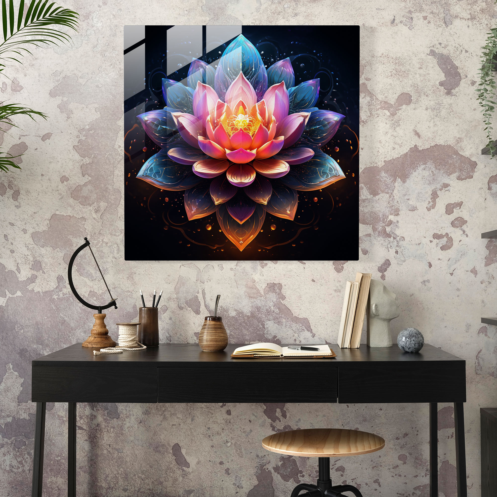 Manevi Lotus Cam Tablosu - Manevi Ev Dekorasyonu Duvar Dekorasyonu Manevi Lotus