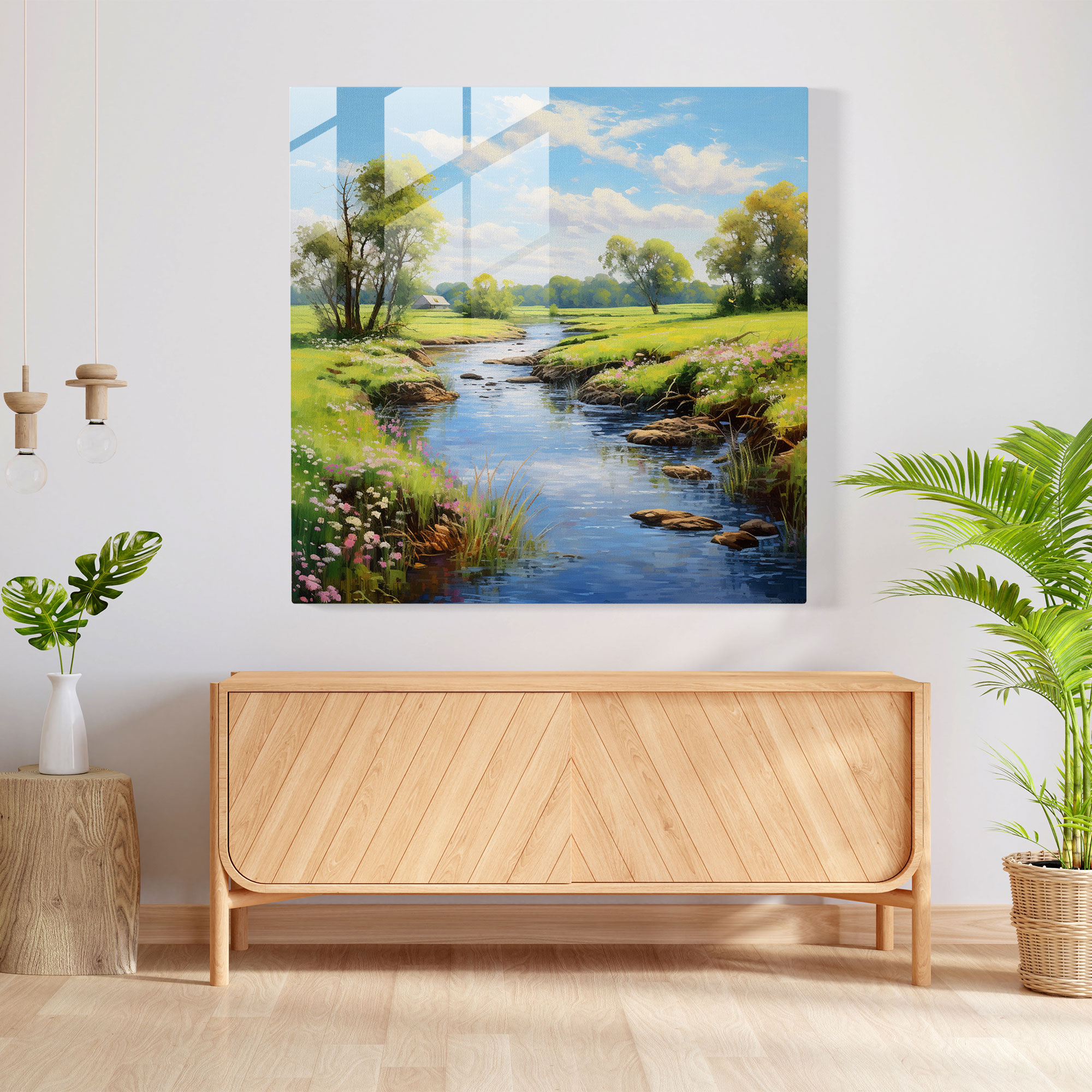 Spiritual Countryside Glass Print - Spiritual, Impressionist Artwork, Modern Art, Meandering River