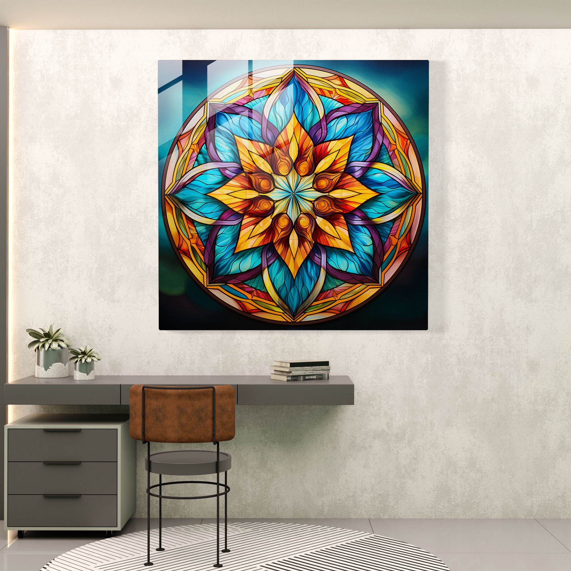 Ruhani Mandala Cam Tablo - Ruhani Ev Dekorasyonu Cam Sanatı Cam Duvar Sanatı