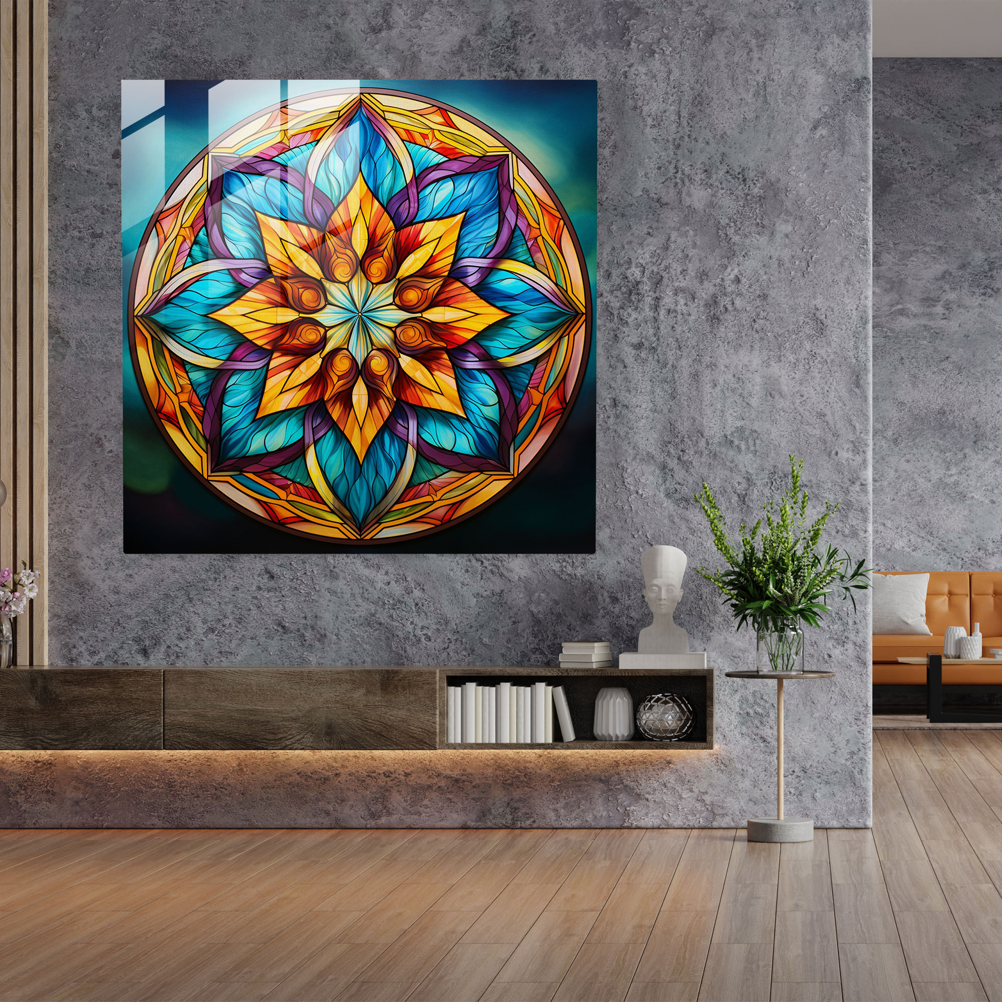 Ruhani Mandala Cam Tablo - Ruhani Ev Dekorasyonu Cam Sanatı Cam Duvar Sanatı