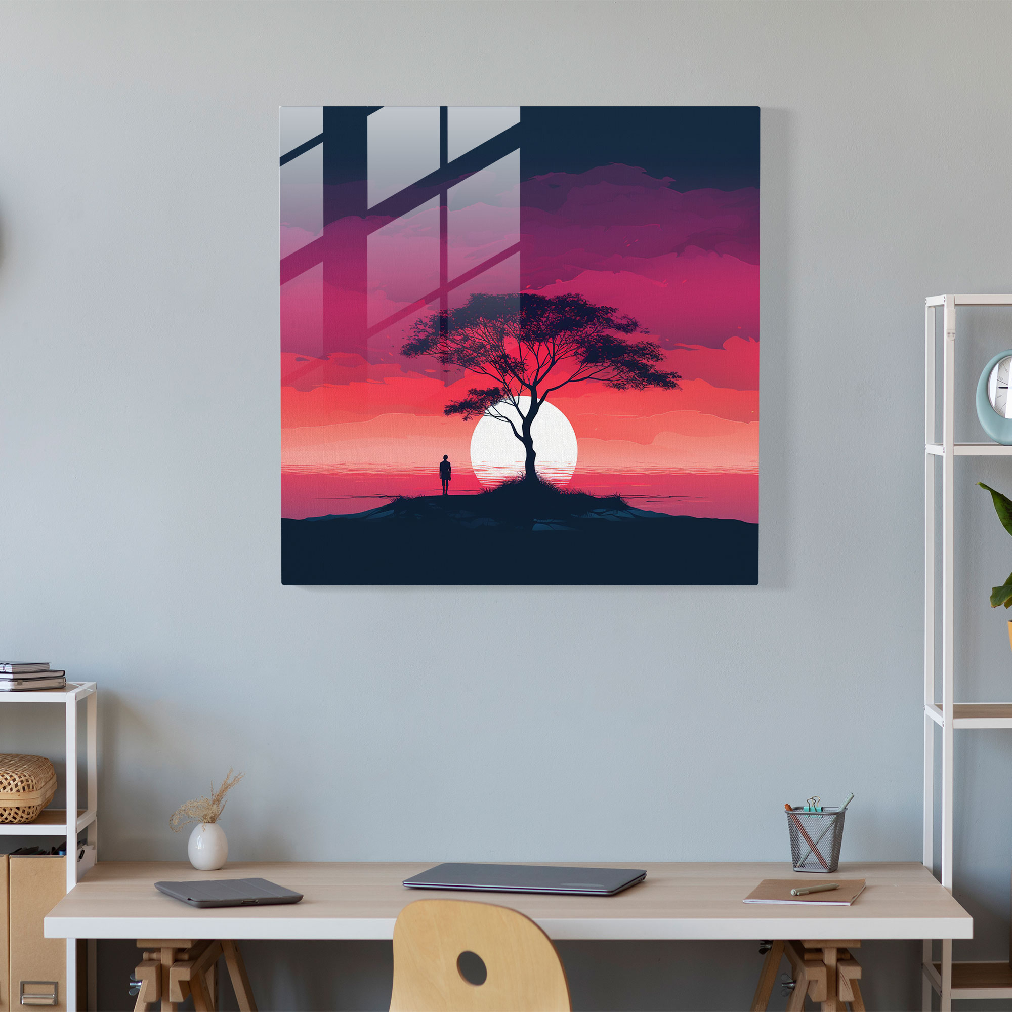 Sessiz Yalnızlık Cam Tablo - Günbatımı Minimalist İllüstrasyon Ev Dekorasyonu
