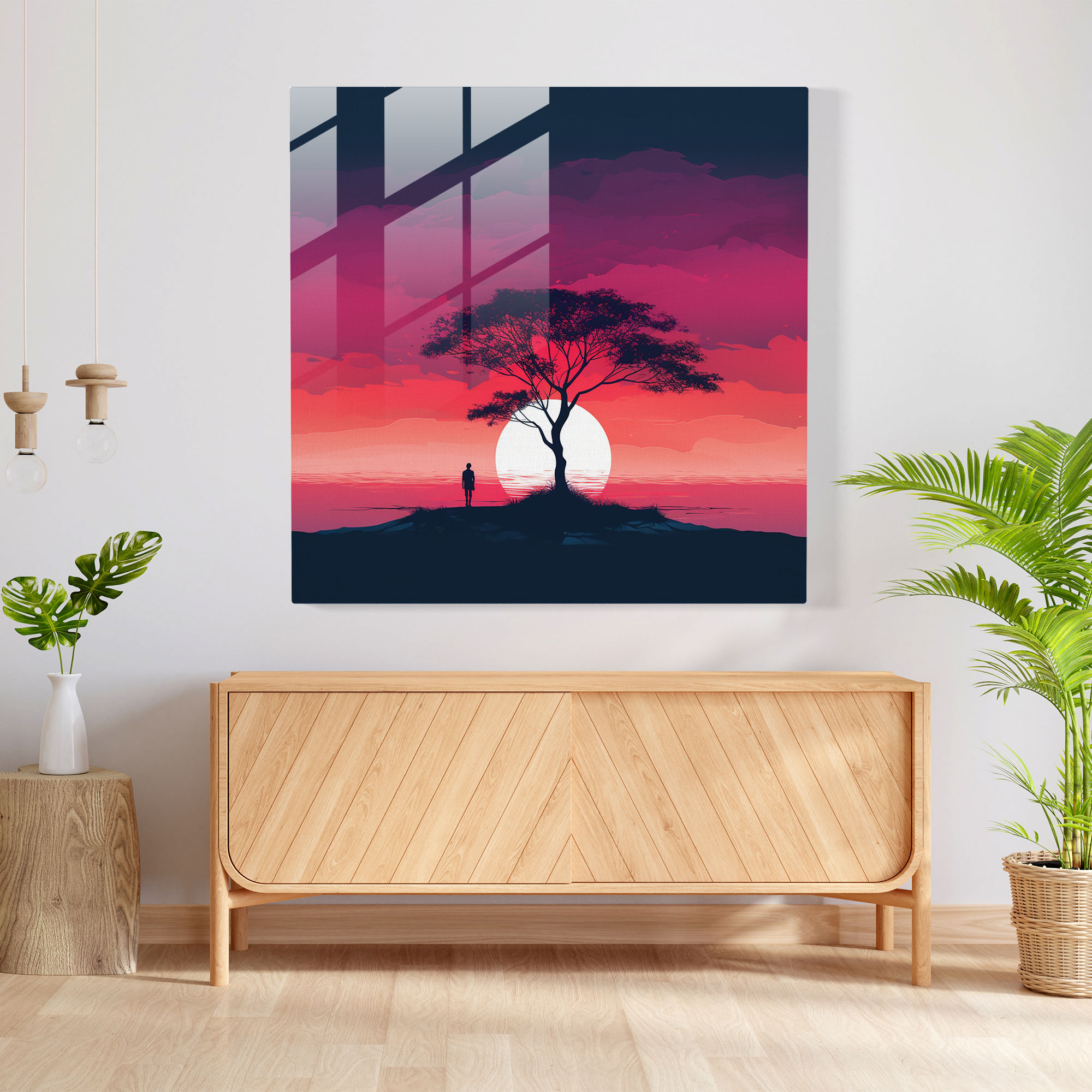 Sessiz Yalnızlık Cam Tablo - Günbatımı Minimalist İllüstrasyon Ev Dekorasyonu