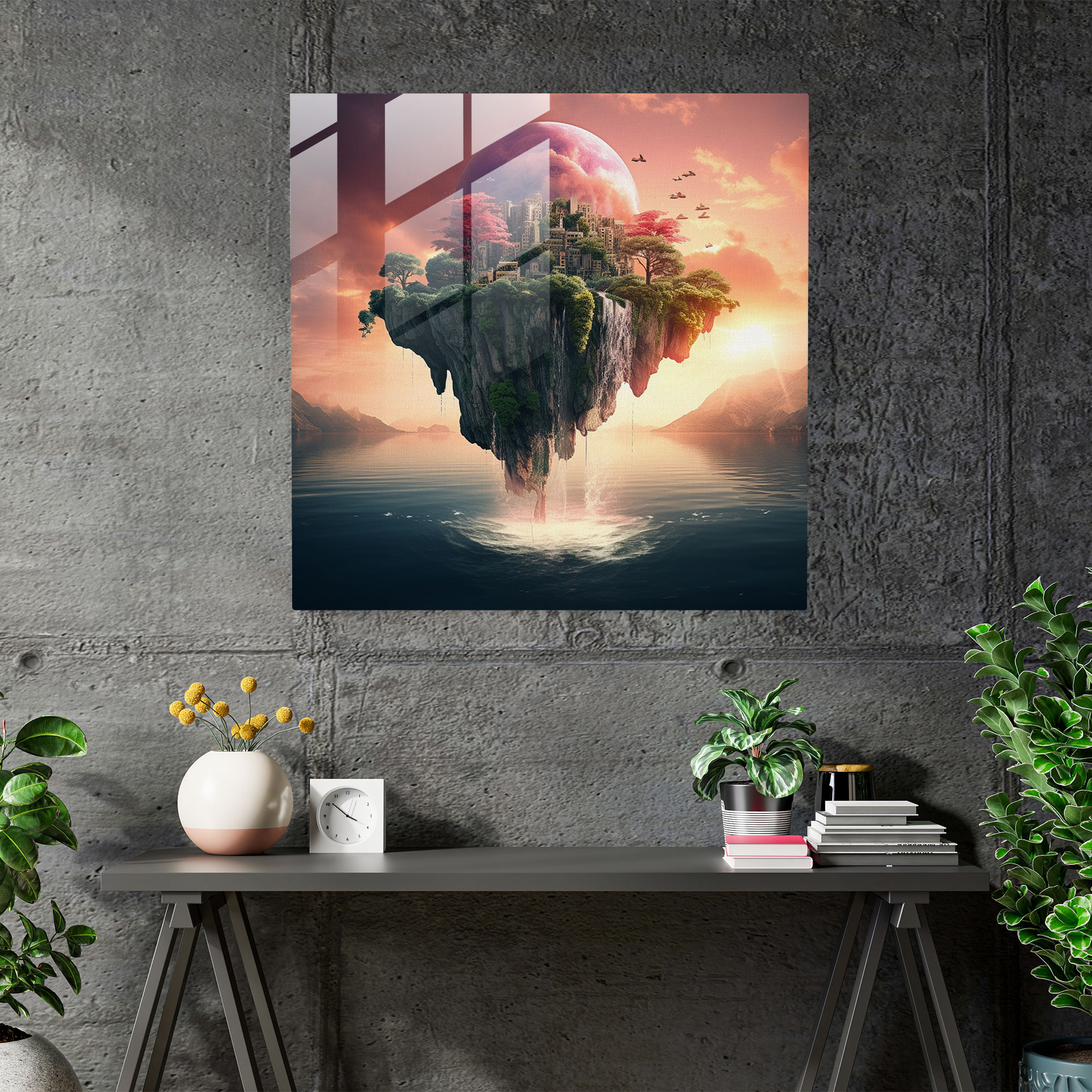 Enchanted Sunset Glass Print - Sunset, Floating Island, Enchanted, Modern Art