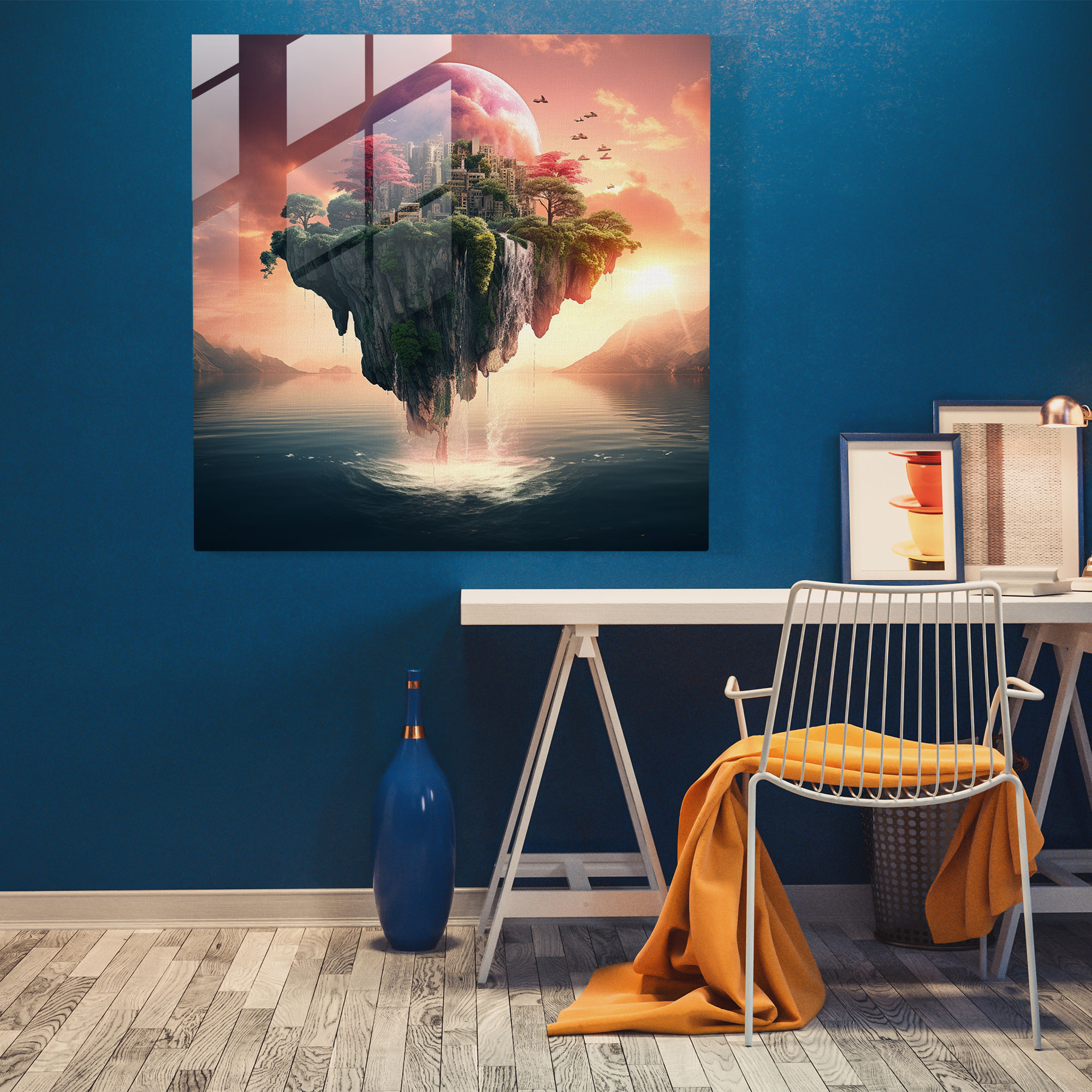 Enchanted Sunset Glass Print - Sunset, Floating Island, Enchanted, Modern Art