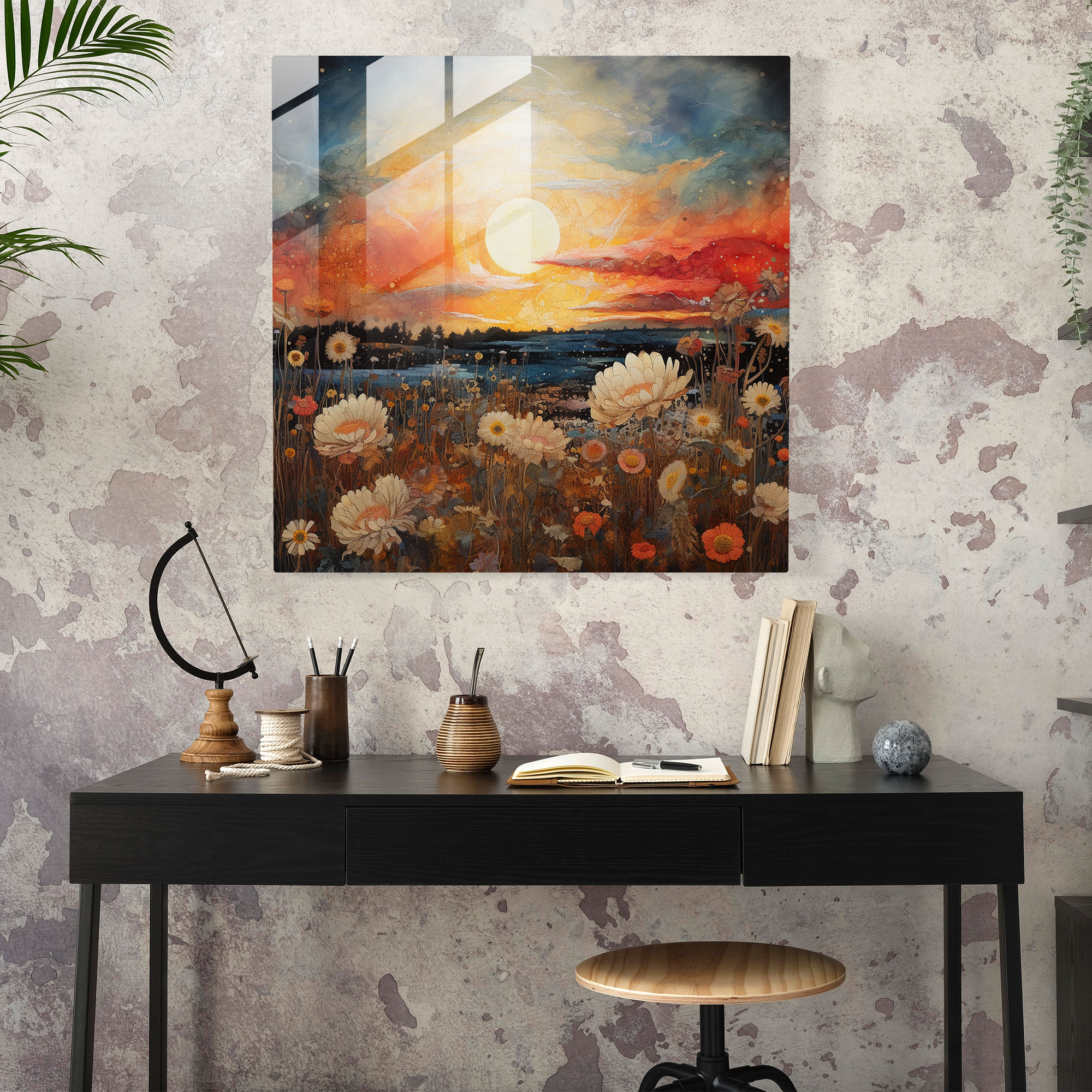 Eternal Glow Glass Print - Sunset, Majestic, Glass Wall Art, Floral Patterns