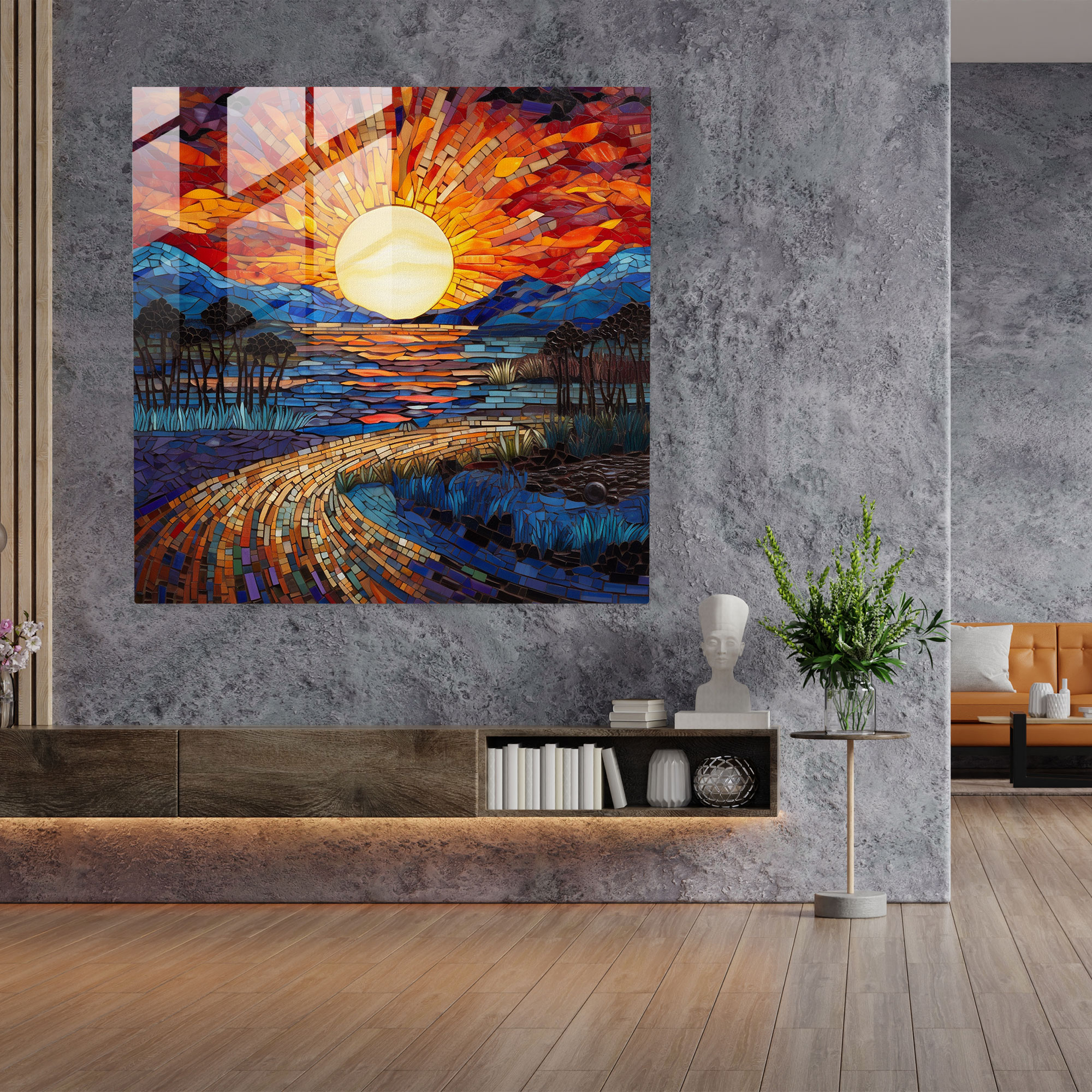 Mosaic Sunset Glass Print - Sunset, Modern Art, Mosaic Glass Art, Sunset