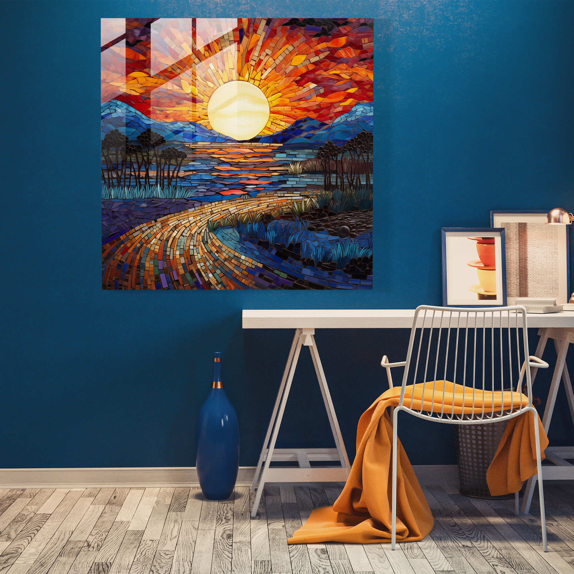 Mosaic Sunset Glass Print - Sunset, Modern Art, Mosaic Glass Art, Sunset