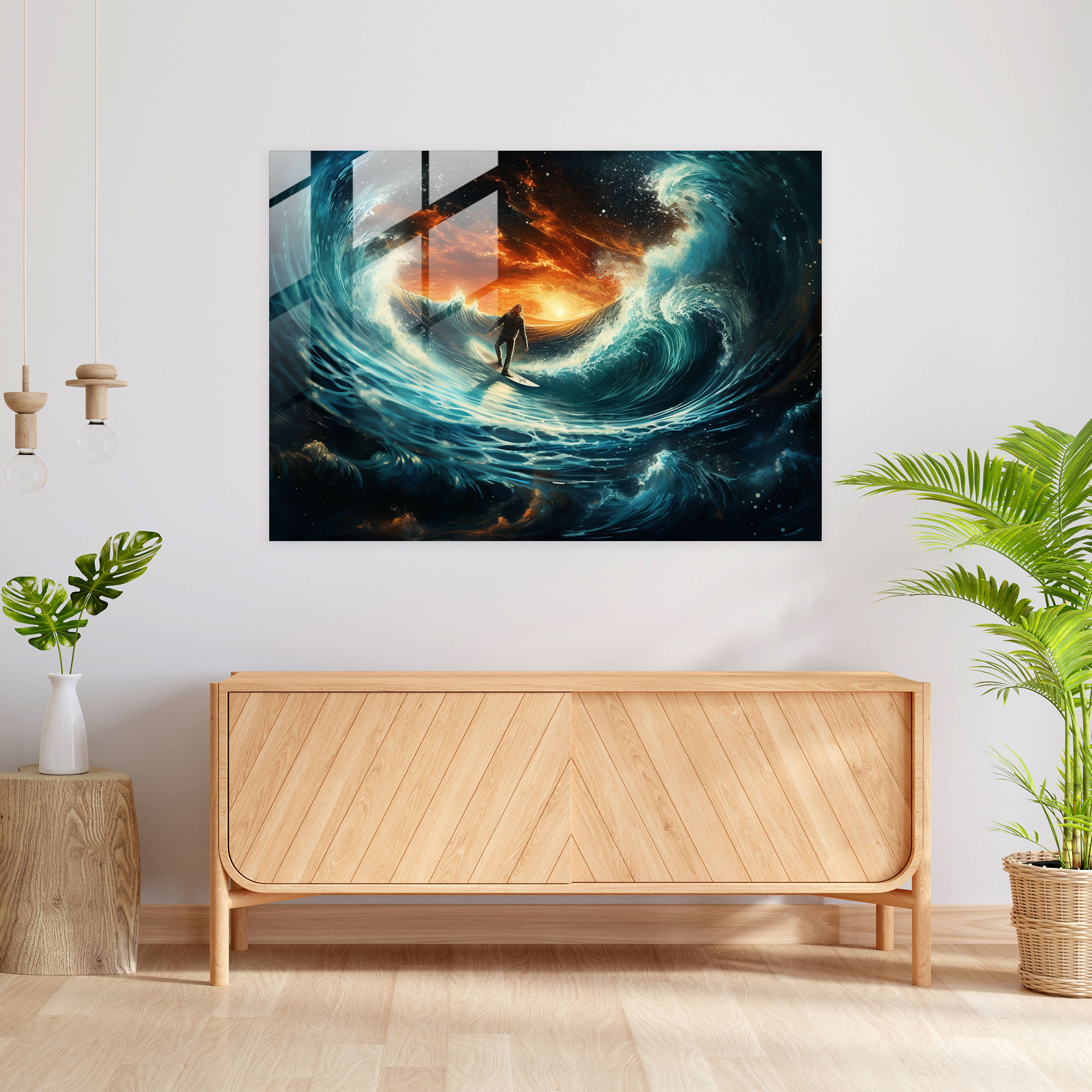Cosmic Rider Glass Wall Art - Surf, Surreal Artwork, Cosmic Energy, Glass Wall Art