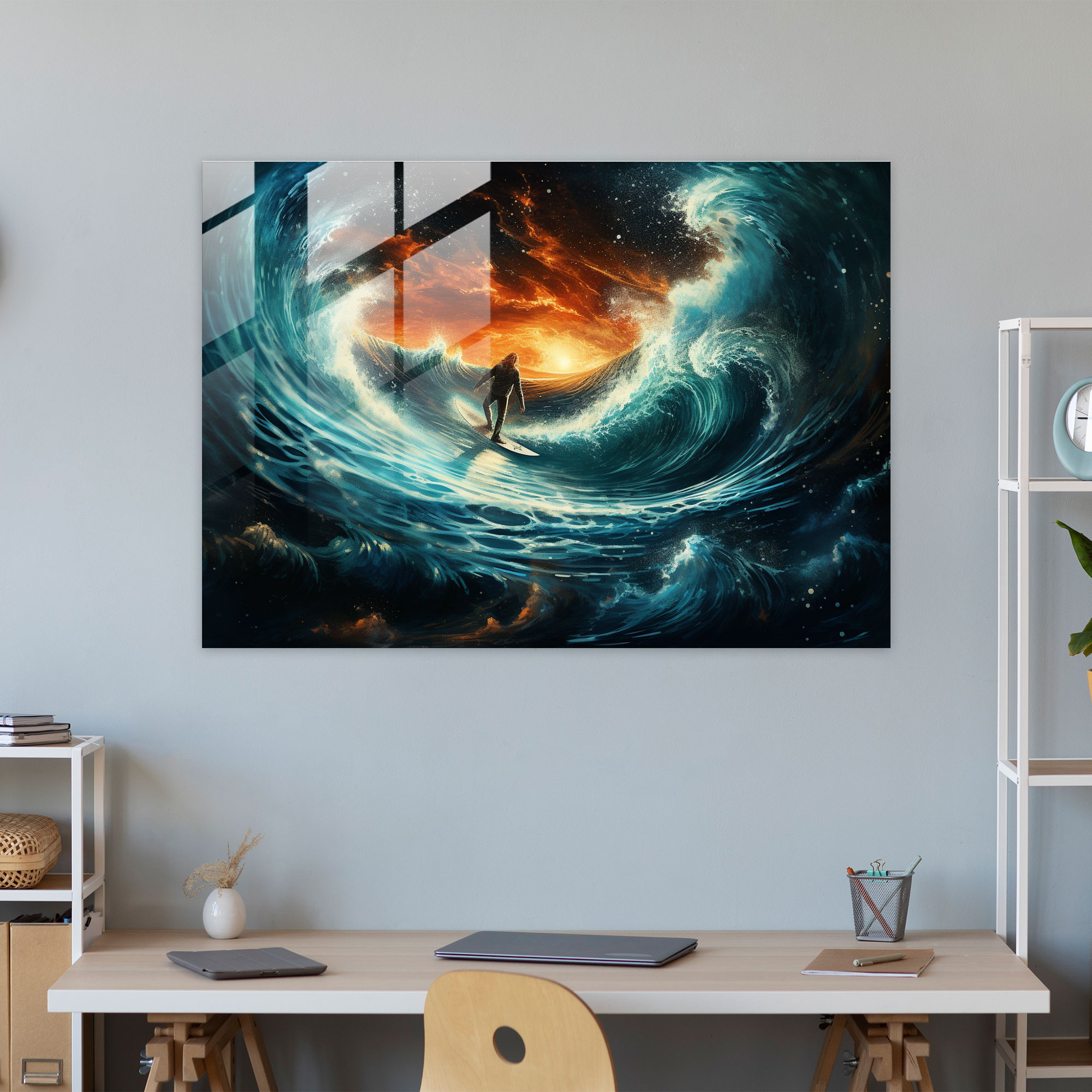 Cosmic Rider Glass Wall Art - Surf, Surreal Artwork, Cosmic Energy, Glass Wall Art