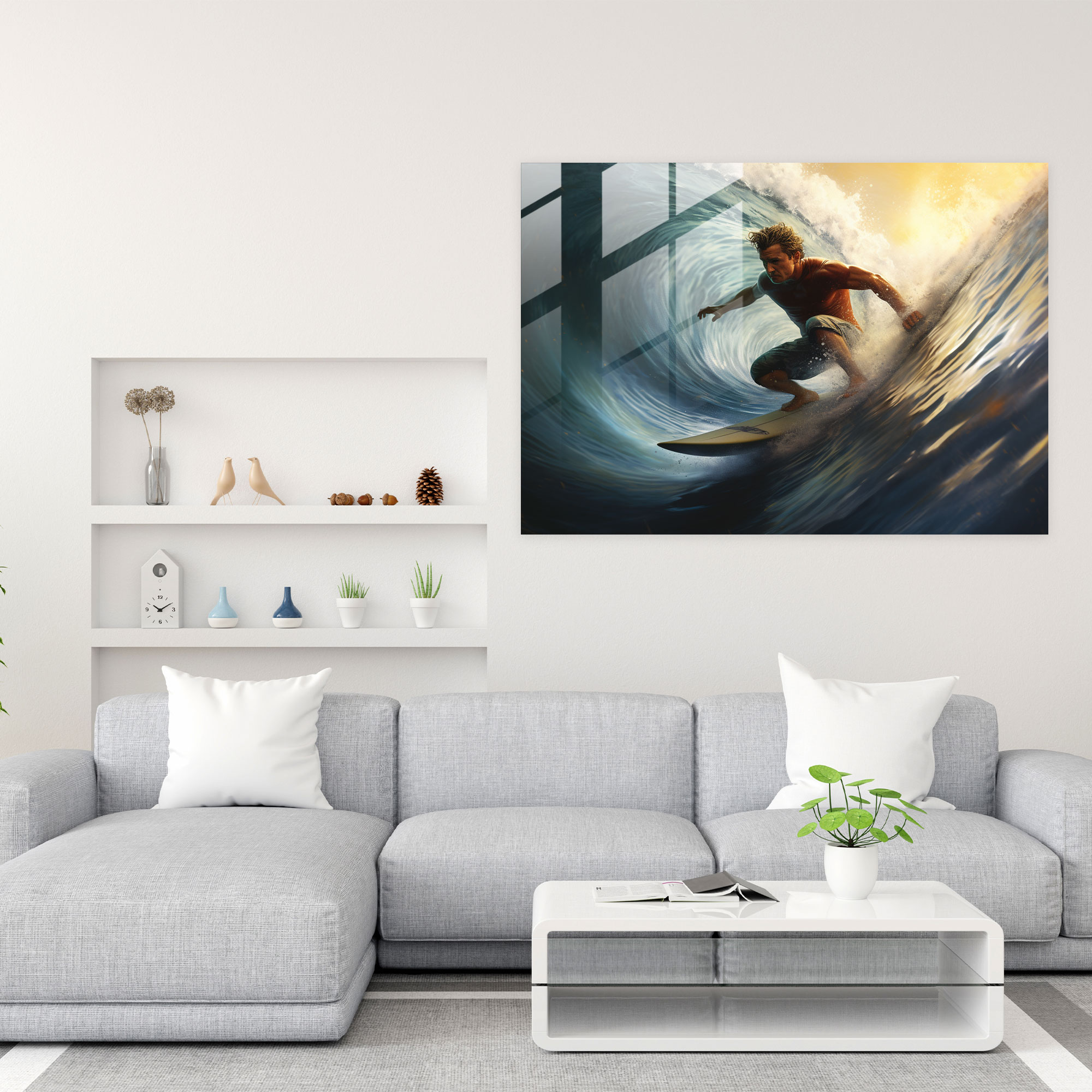 Sörf Temalı Cam Tablo - Modern Sanat Duvar Dekorasyonu