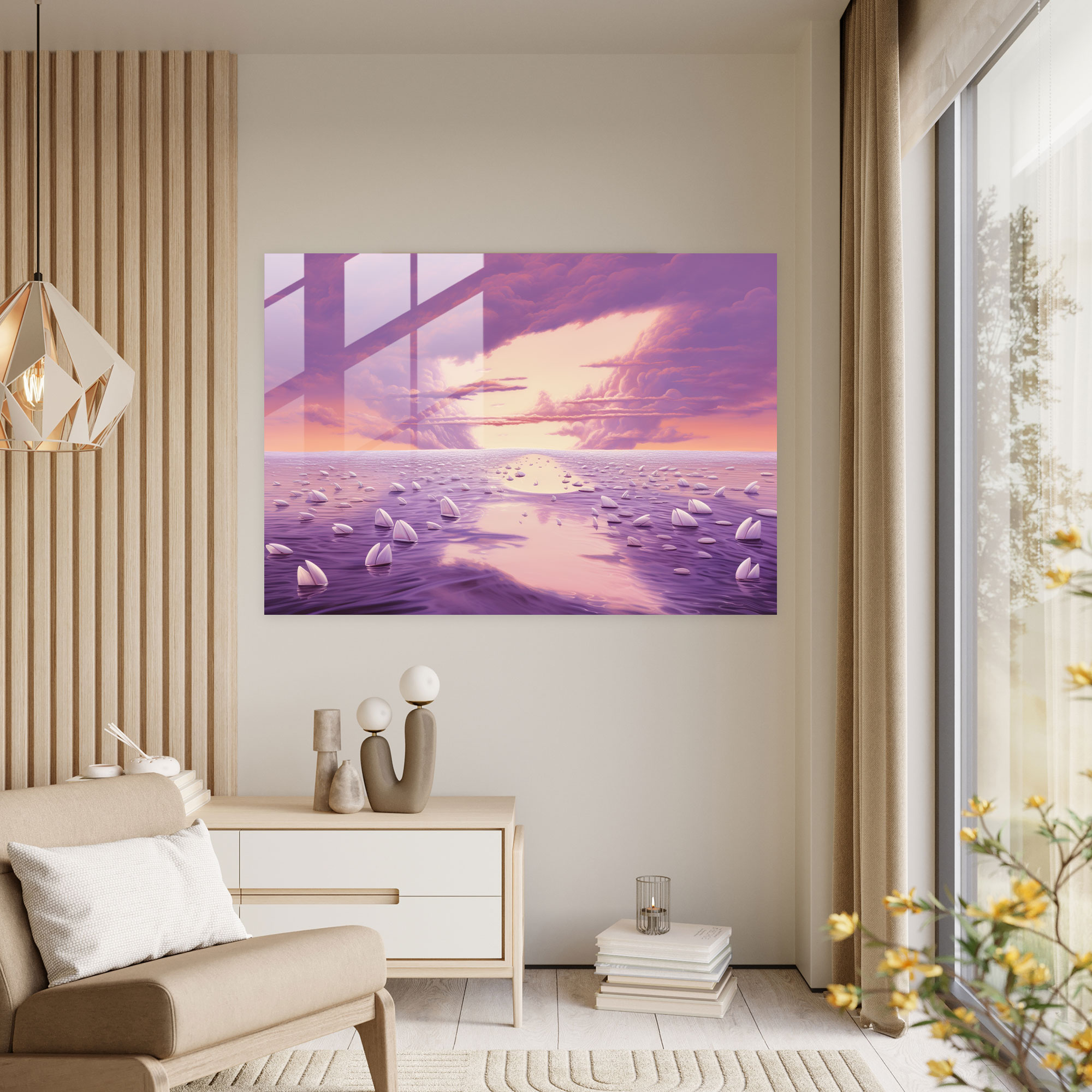 Sörf Ev Dekorasyonu - Lavanta Gökyüzü Modern Sanat Cam Tablo