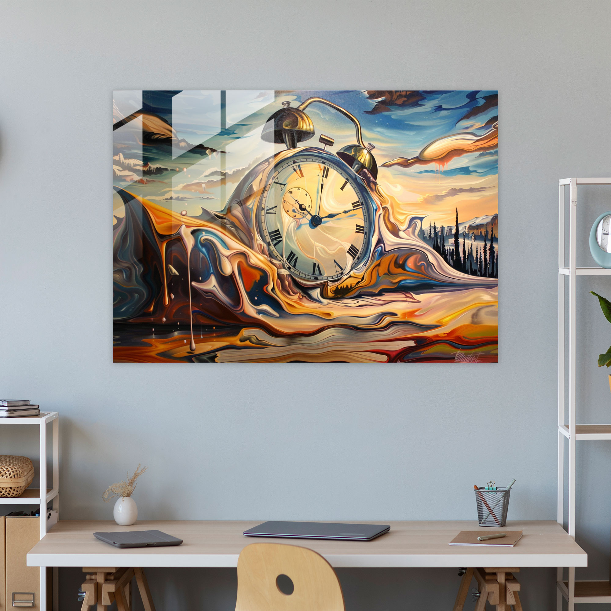 Melting Clock Surrealism Glass Print - Surrealism Art, Home Decoration, Modern Art, Surrealism Art