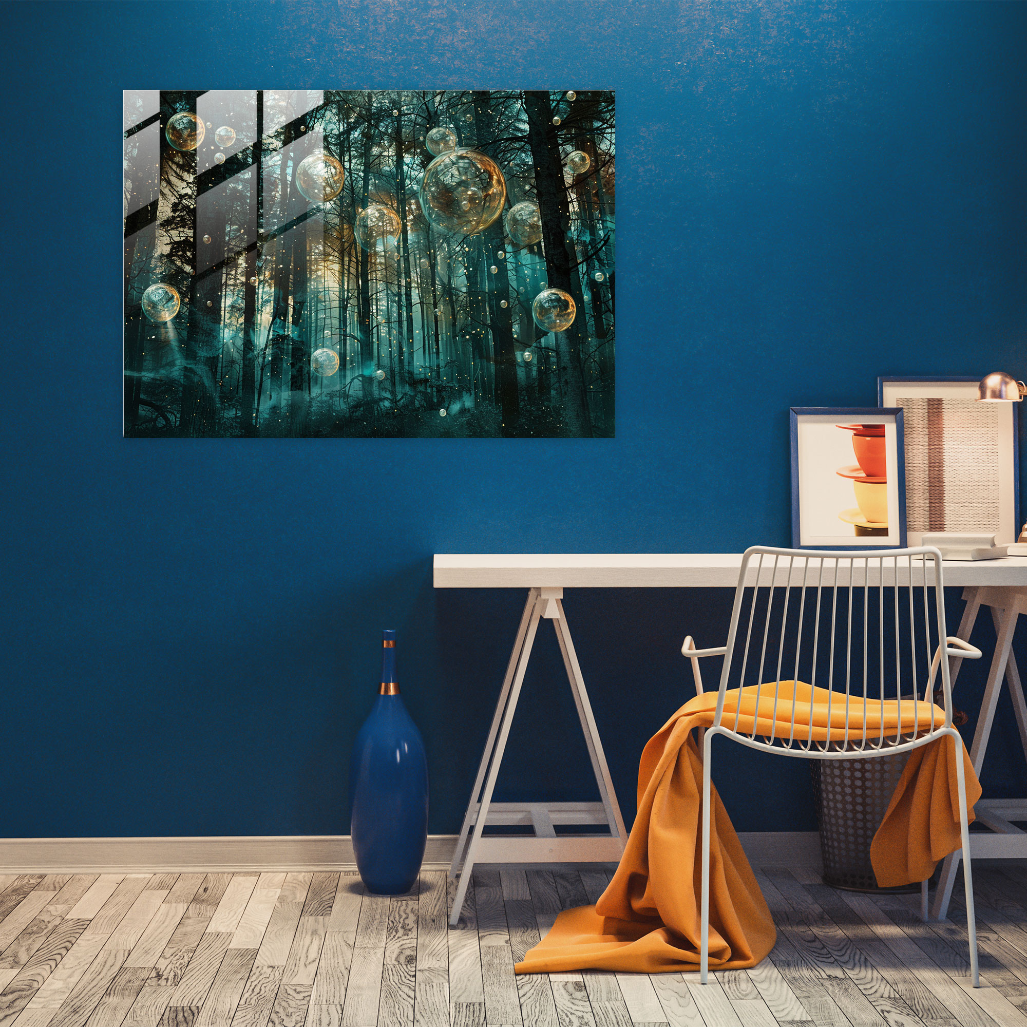 Surrealism Art Glass Wall Art - Mysterious Forest With Floating Orbs - Surrealism Art, Home Decoration, Glass Wall Art, Surrealism Art