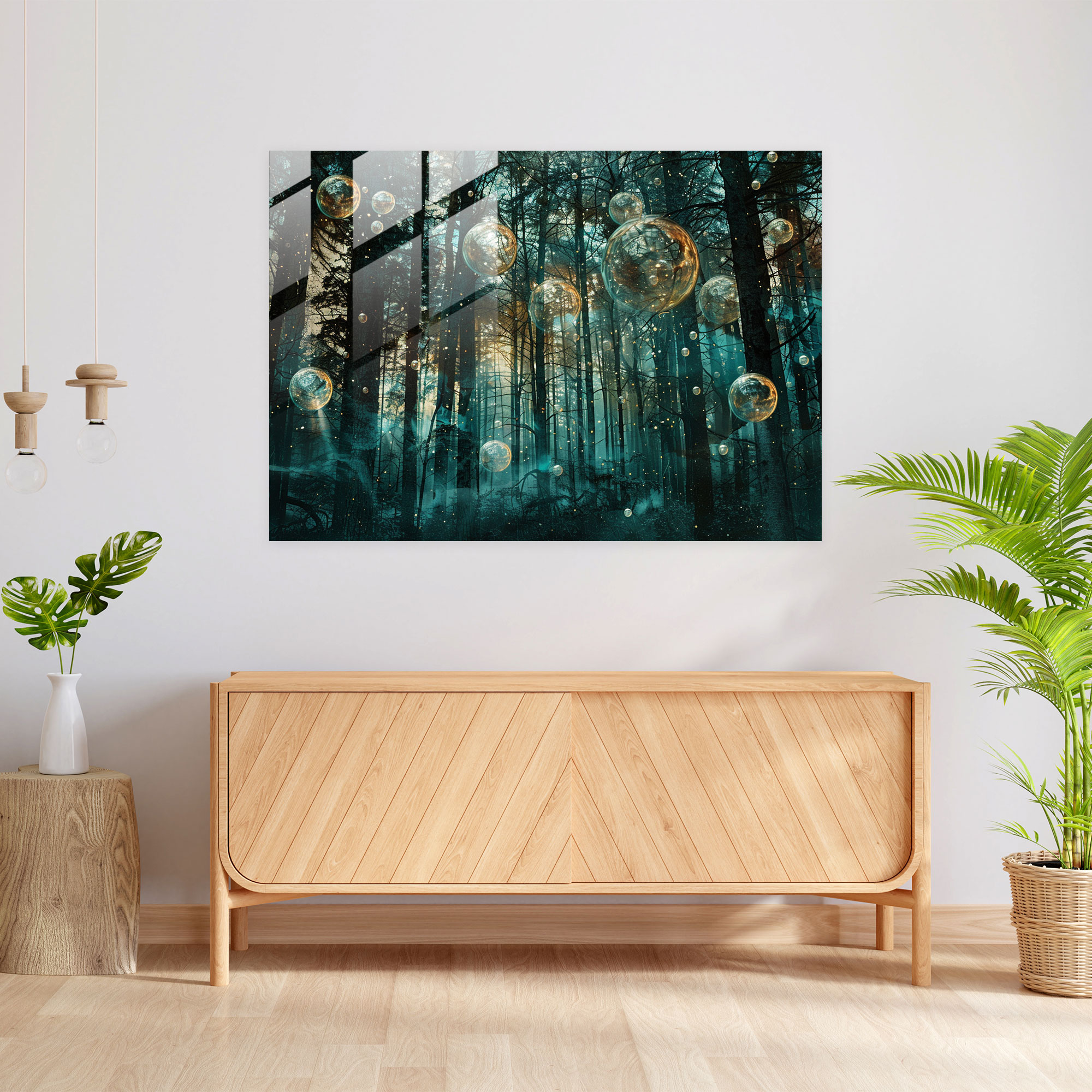 Surrealism Art Glass Wall Art - Mysterious Forest With Floating Orbs - Surrealism Art, Home Decoration, Glass Wall Art, Surrealism Art