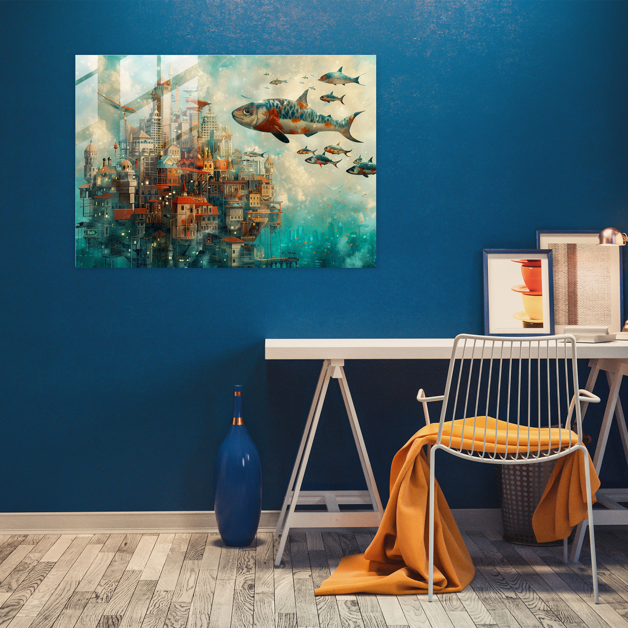 Surrealism Art Wall Decoration - Whimsical Cityscape With Flying Fish - Surrealism Art, Whimsical Decor, Surrealism Art, Modern Art