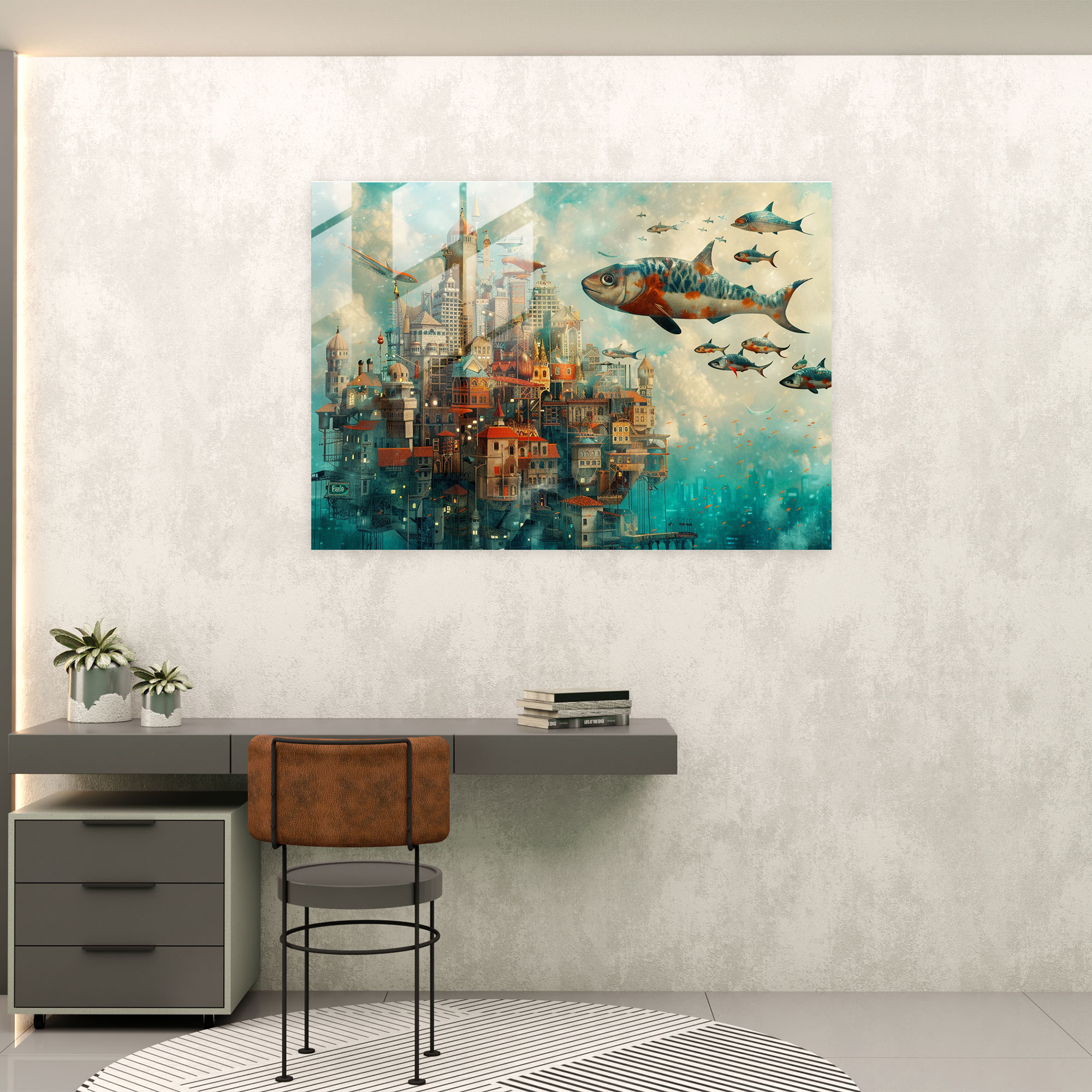 Surrealism Art Wall Decoration - Whimsical Cityscape With Flying Fish - Surrealism Art, Whimsical Decor, Surrealism Art, Modern Art