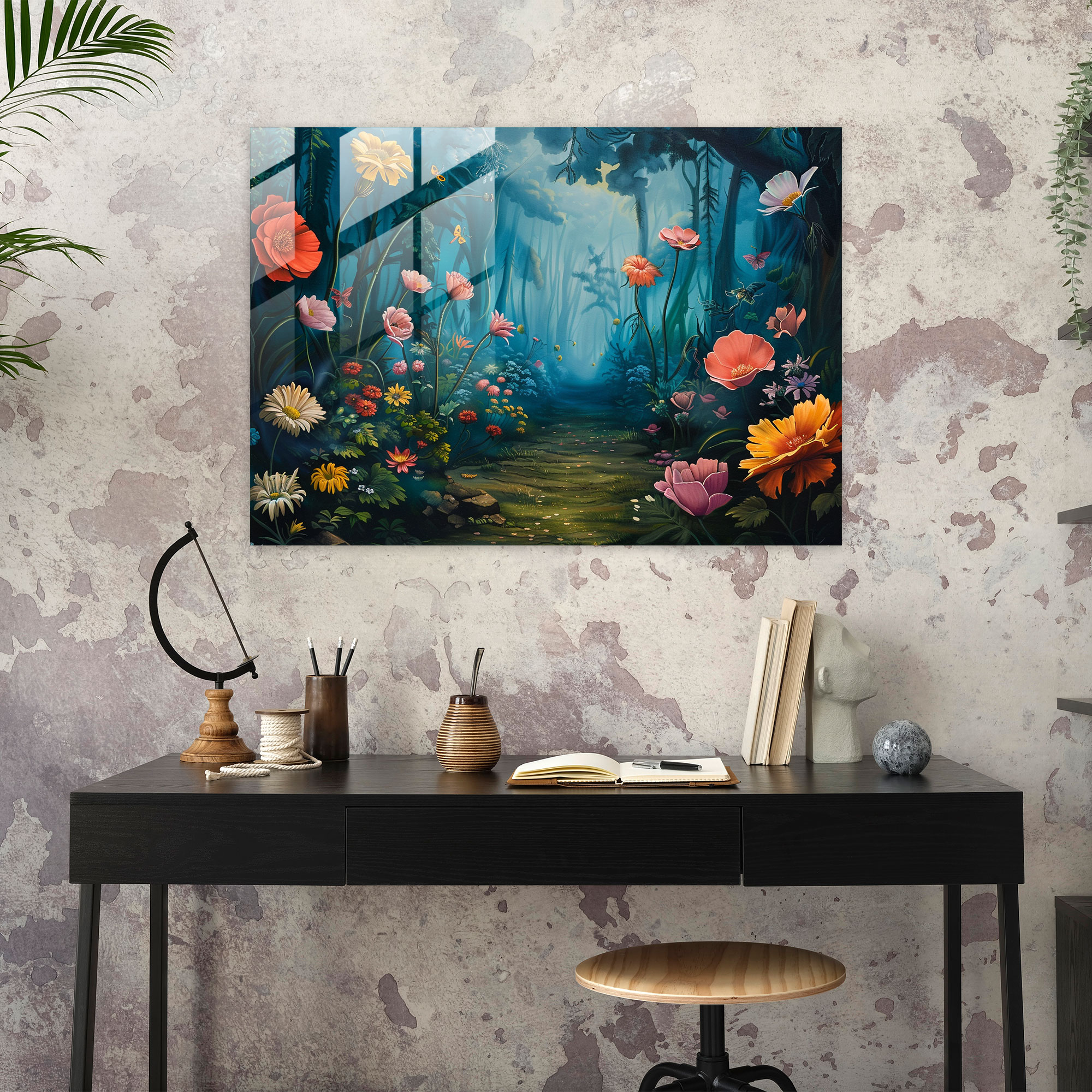 Surrealism Art Modern Art - Enchanted Forest With Oversized Flowers - Surrealism Art, Enchanted Decor, Fantasy Theme, Glass Print