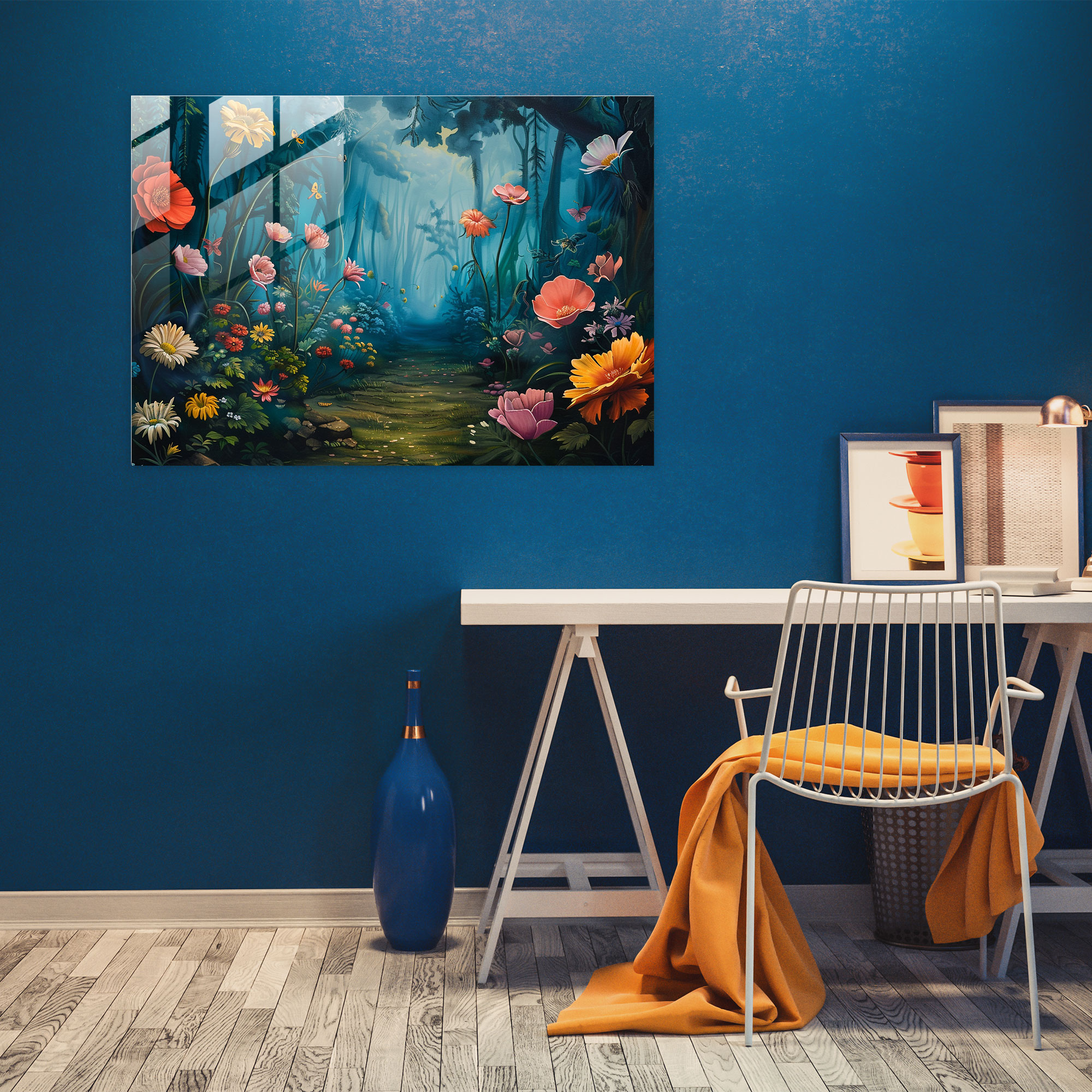 Surrealism Art Modern Art - Enchanted Forest With Oversized Flowers - Surrealism Art, Enchanted Decor, Fantasy Theme, Glass Print
