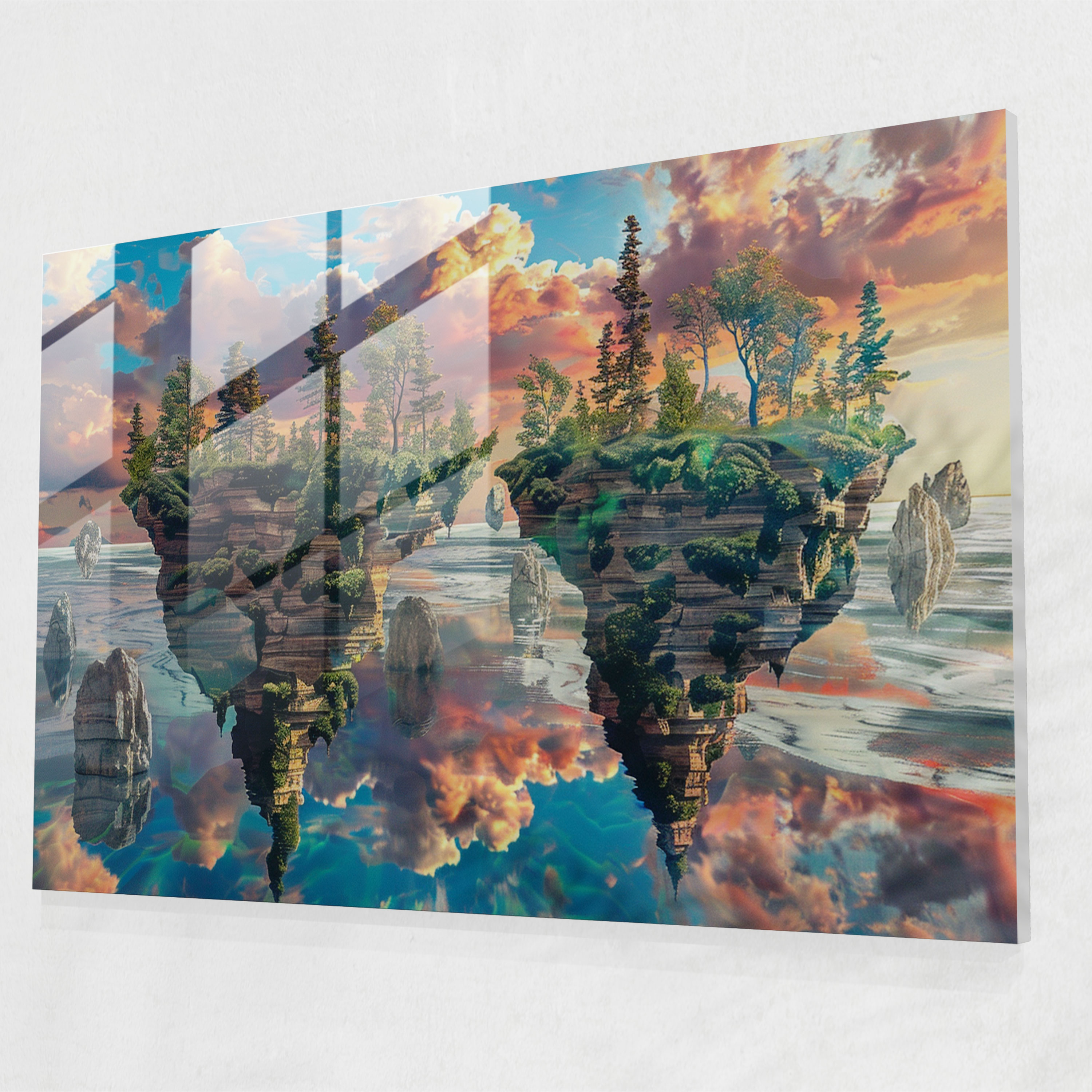 Surrealism Art Glass Wall Art - Surreal Seascape With Floating Islands - Surrealism Art, Island Art, Home Decoration, Modern Art