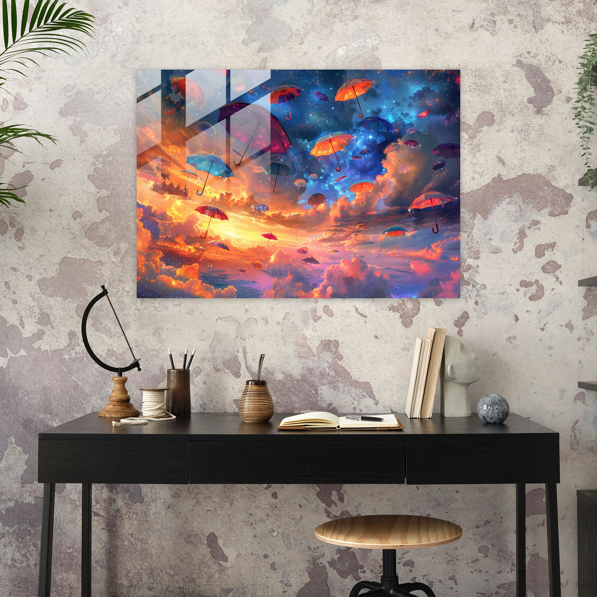 Surrealism Art Wall Decoration - Cosmic Sky With Floating Umbrellas - Surrealism Art, Surrealism Art, Cosmic Decor, Wall Decoration