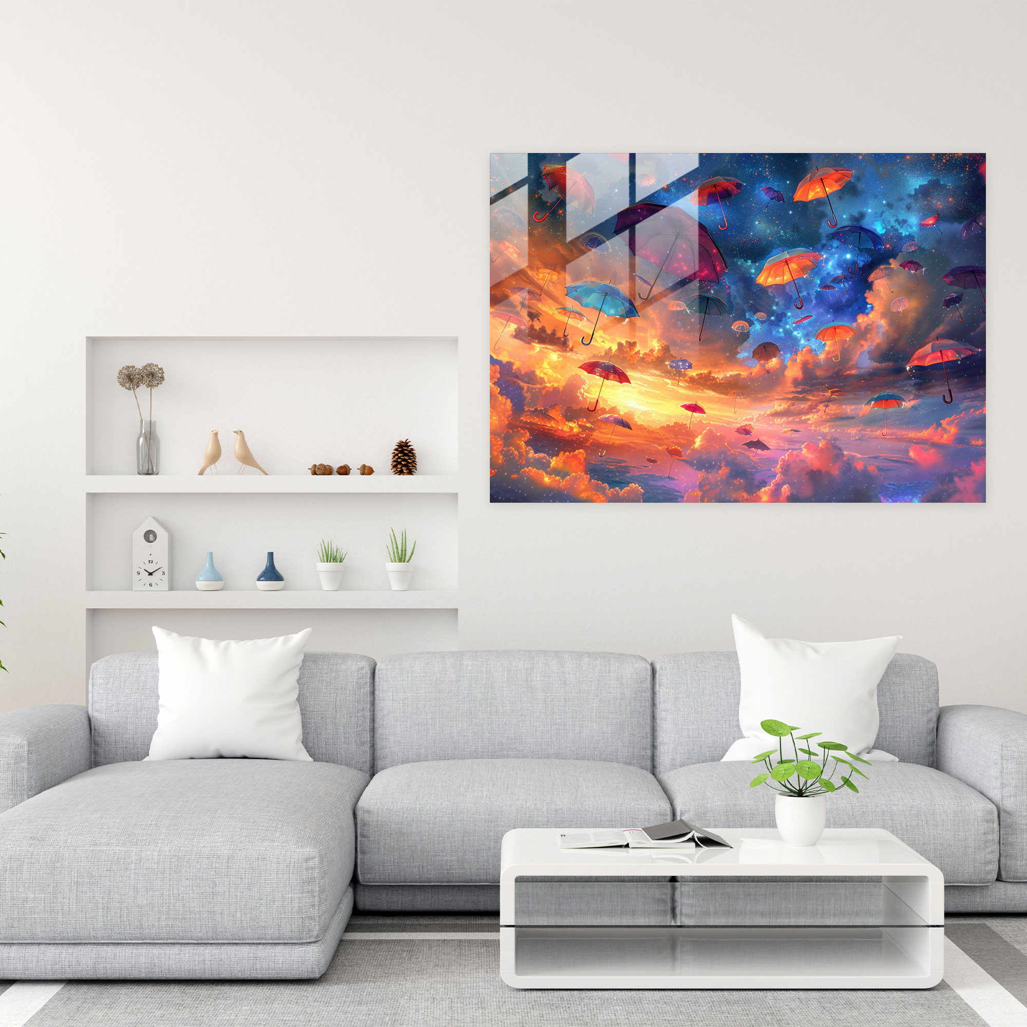 Surrealism Art Wall Decoration - Cosmic Sky With Floating Umbrellas - Surrealism Art, Surrealism Art, Cosmic Decor, Wall Decoration