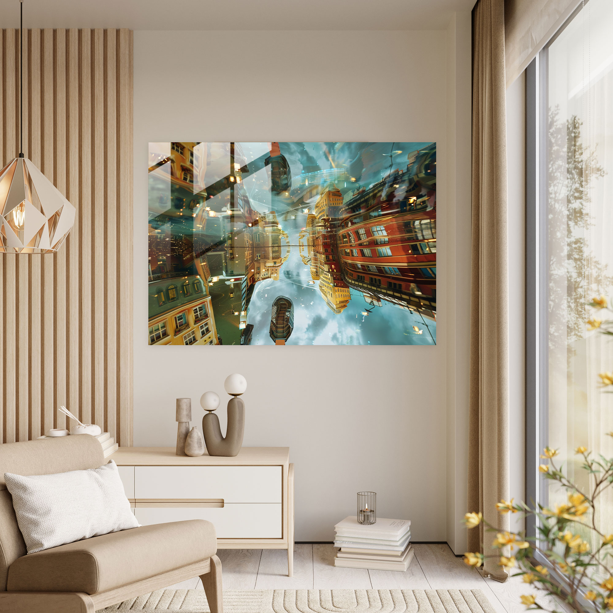 Surrealism Art Glass Art - Surreal Cityscape With Upside-Down Buildings - Surrealism Art, Glass Art, Surrealism Art, Unique Design