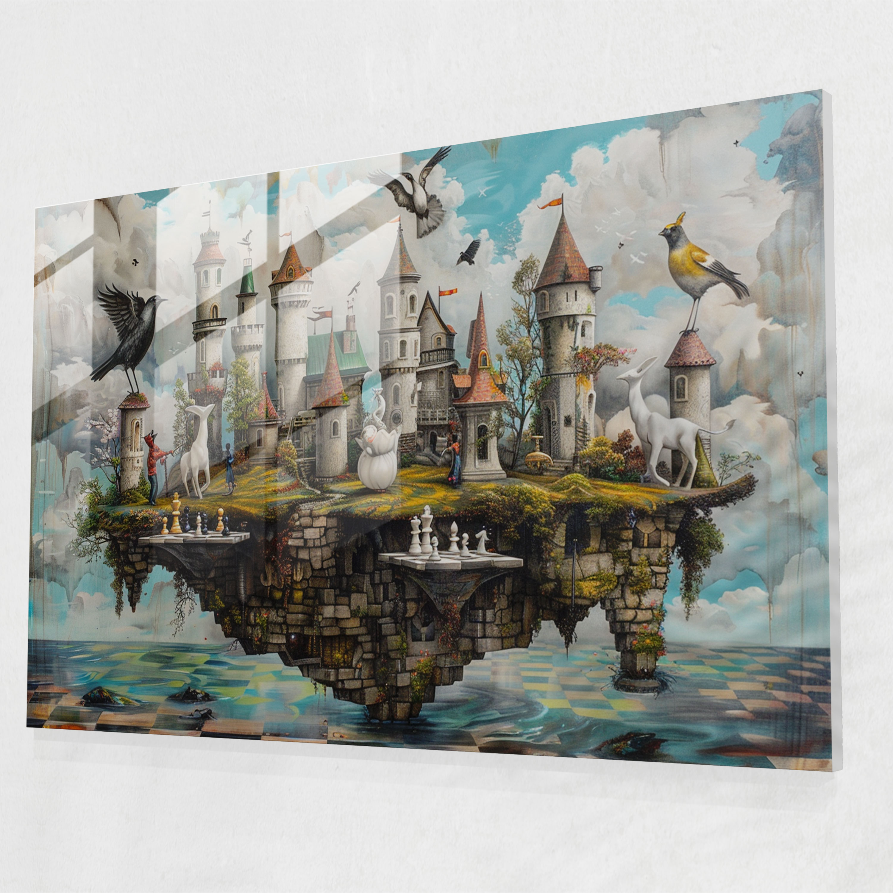 Whimsical Chess Players Glass Print - Surrealism Art, Surrealism Art, Home Decoration, Glass Print