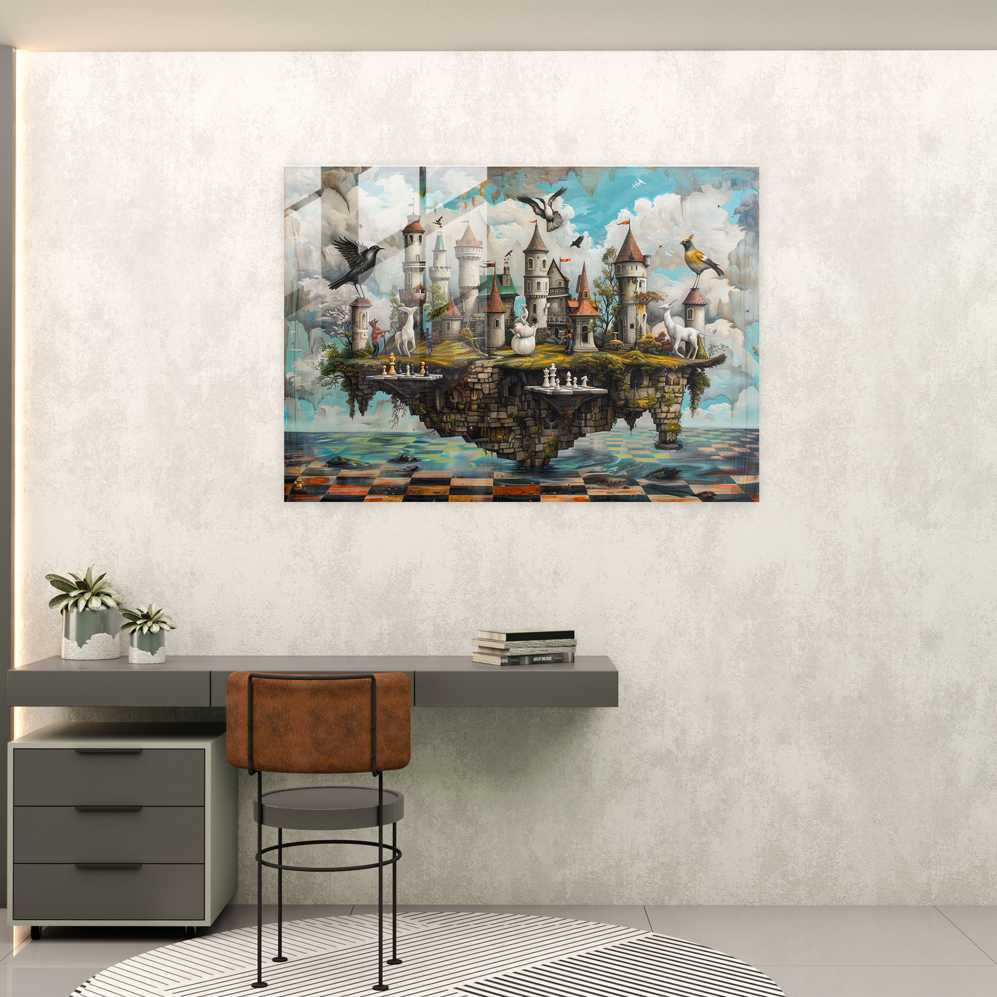 Whimsical Chess Players Glass Print - Surrealism Art, Surrealism Art, Home Decoration, Glass Print