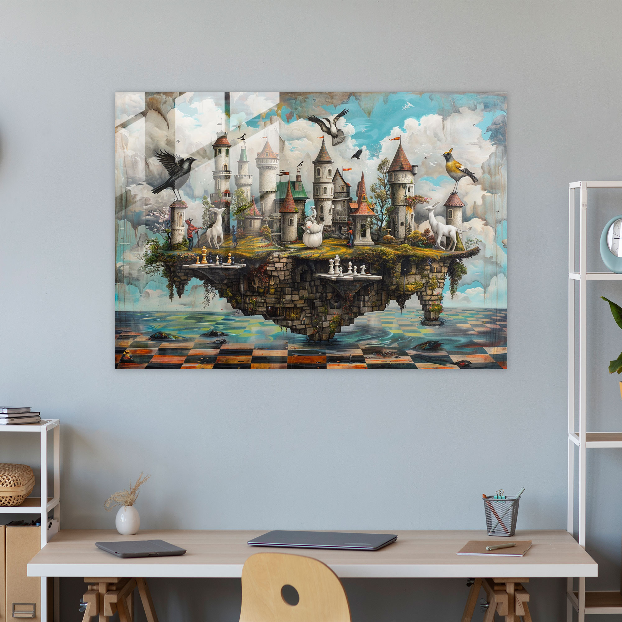 Whimsical Chess Players Glass Print - Surrealism Art, Surrealism Art, Home Decoration, Glass Print