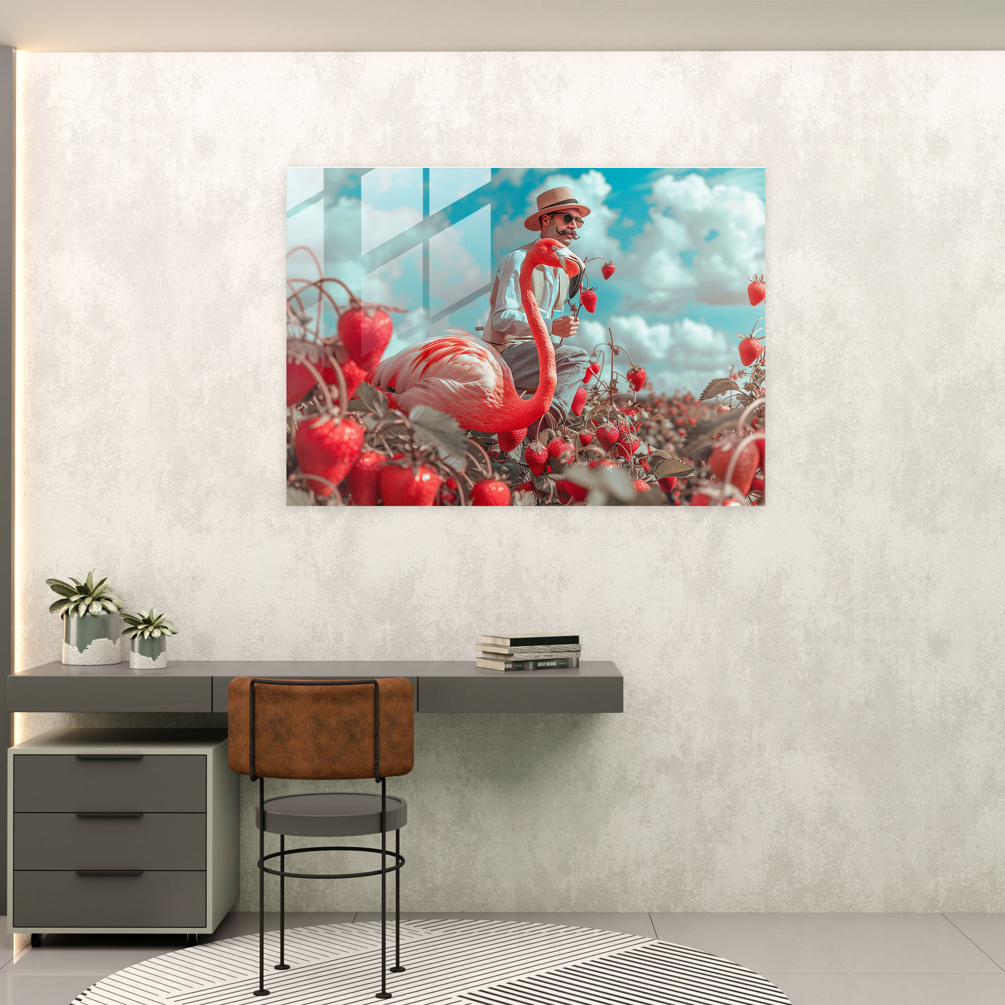 Eccentric Flamingo Rider Glass Wall Art - Surrealism Art, Home Decoration, Glass Wall Art, Wall Decoration