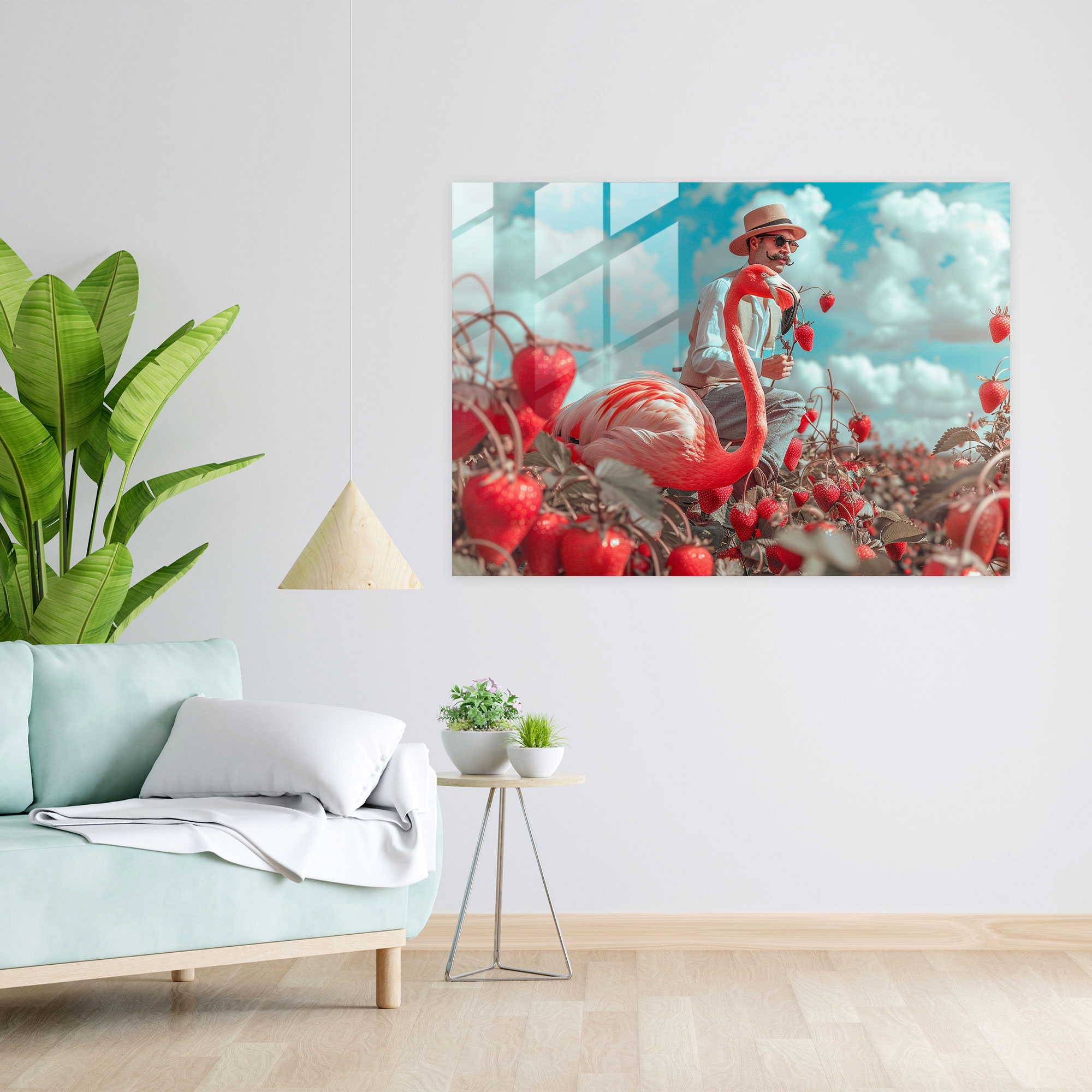 Eccentric Flamingo Rider Glass Wall Art - Surrealism Art, Home Decoration, Glass Wall Art, Wall Decoration